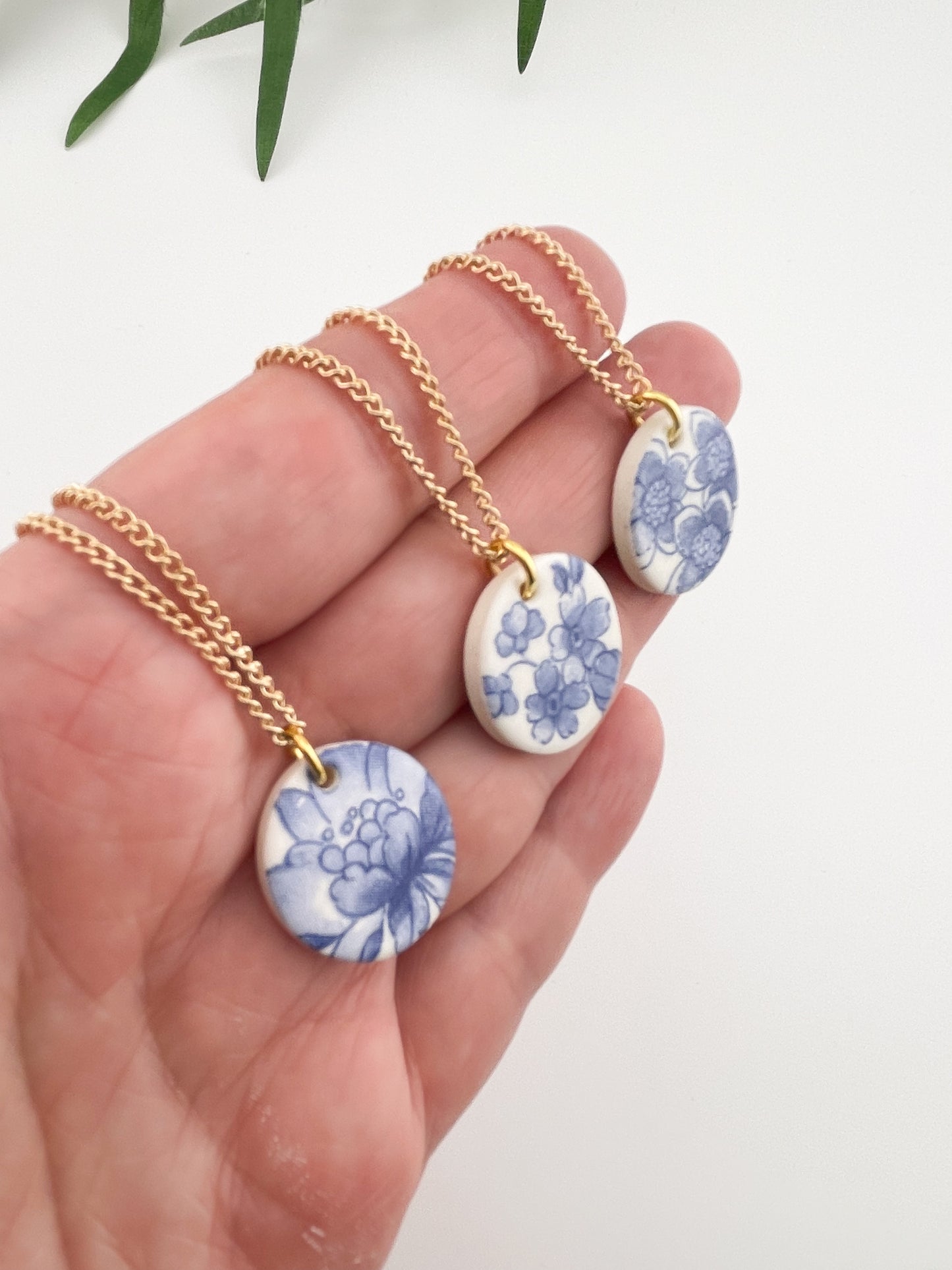 Blue China Large Round Pendant necklace on gold chain