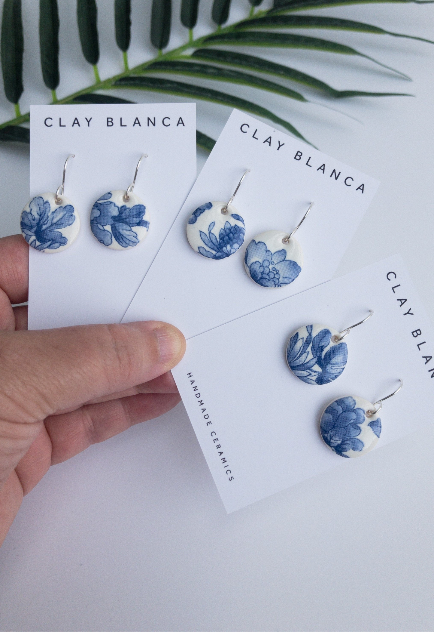 Blue China Large Round Dangle earrings on silver wire