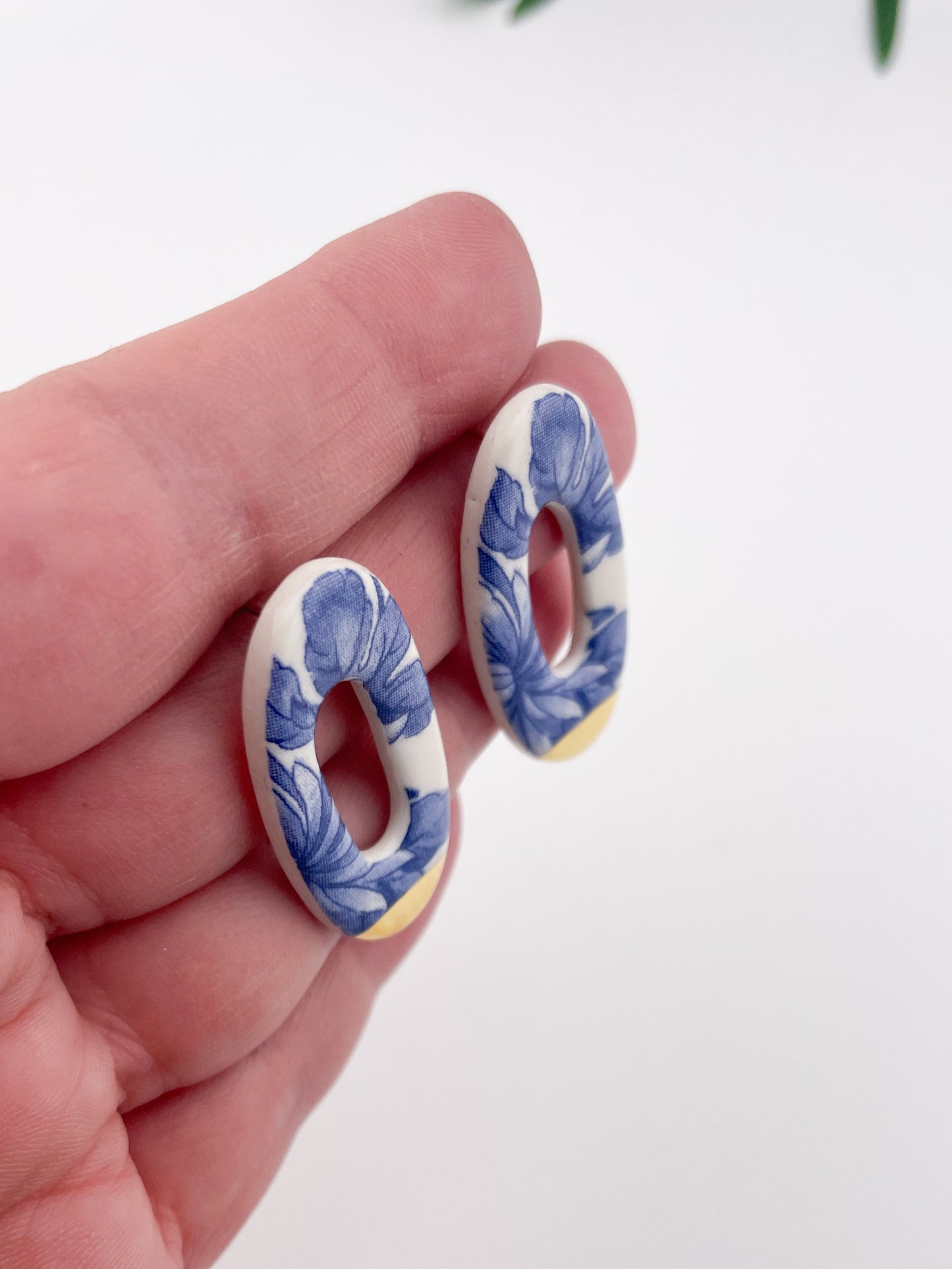 Blue China Large Oval Doughnut Stud earrings with gold tips