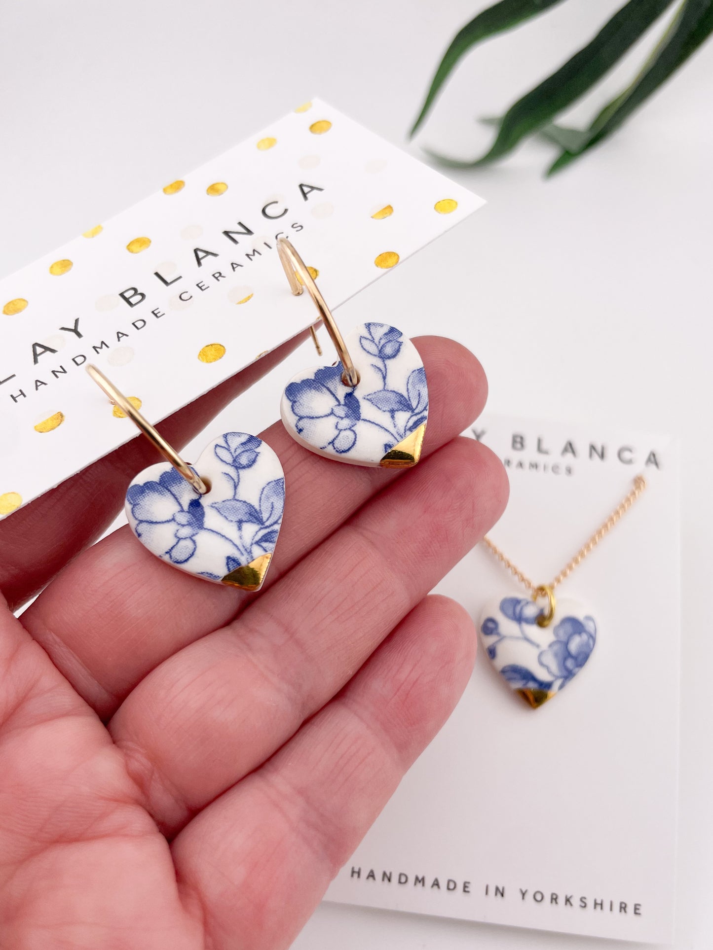 Blue China Medium Heart (middle) Hoop earrings with gold tip