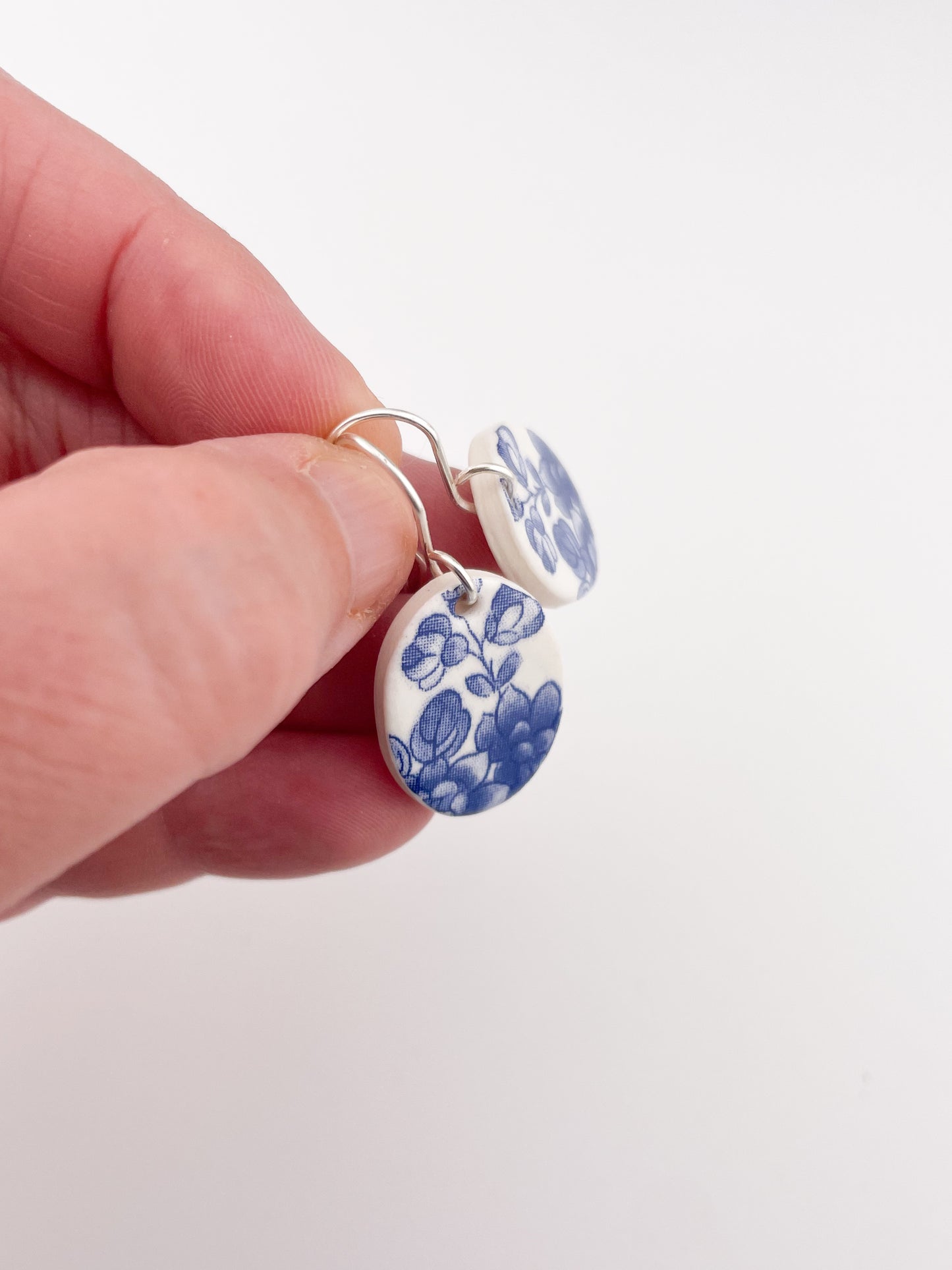Blue China Oval Dangle earrings on silver wire