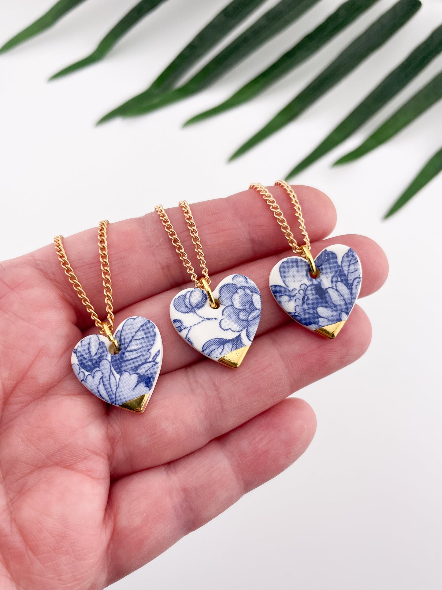 Large Blue China heart (middle) necklace with gold tip