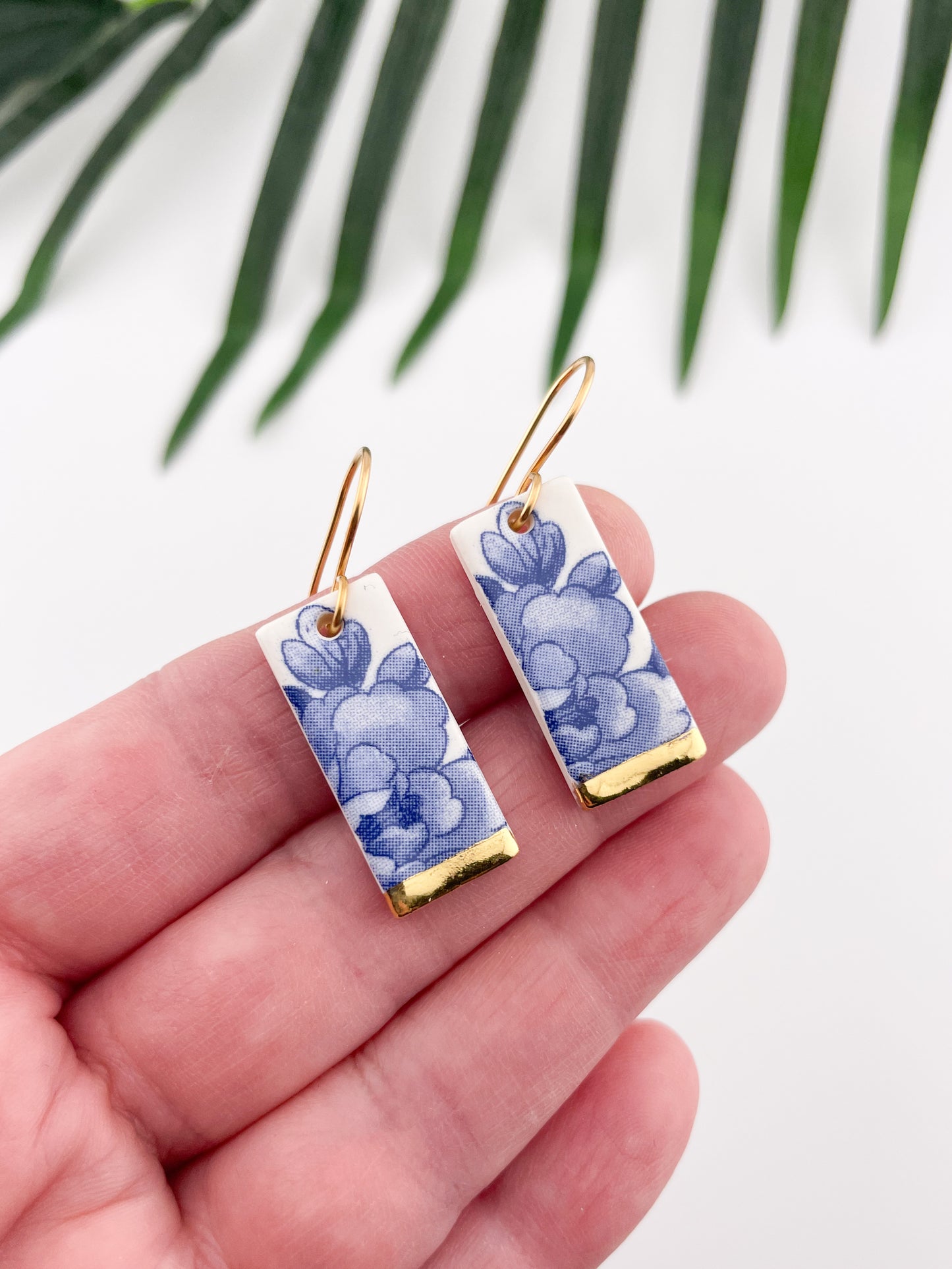 Blue China Wide Rectangle Dangle earrings with gold tip