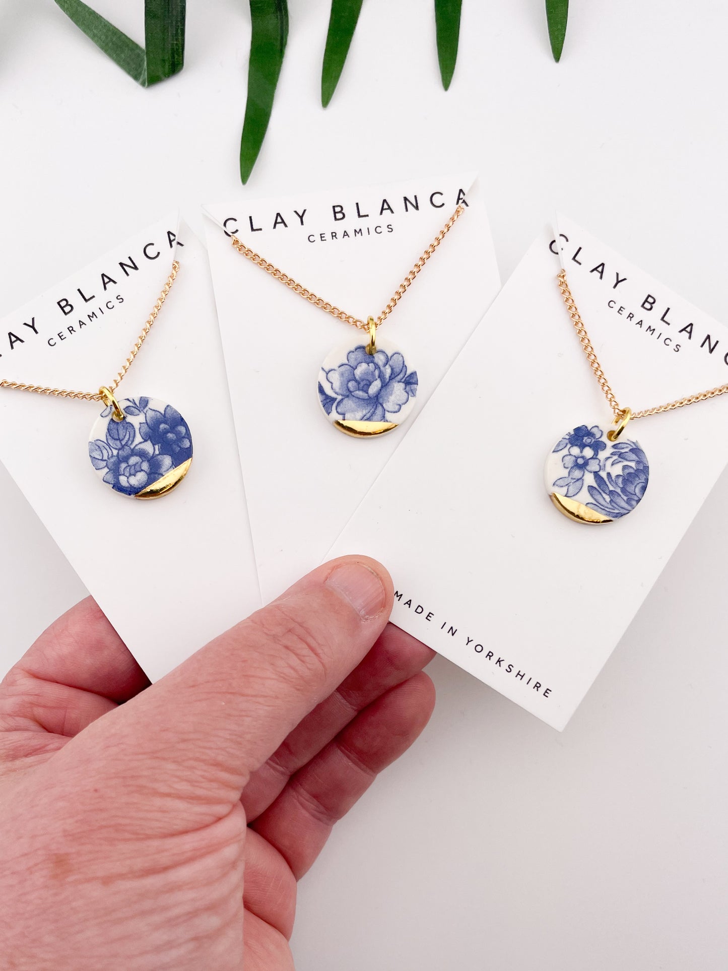 Blue China Large Round Pendant necklace with gold tip