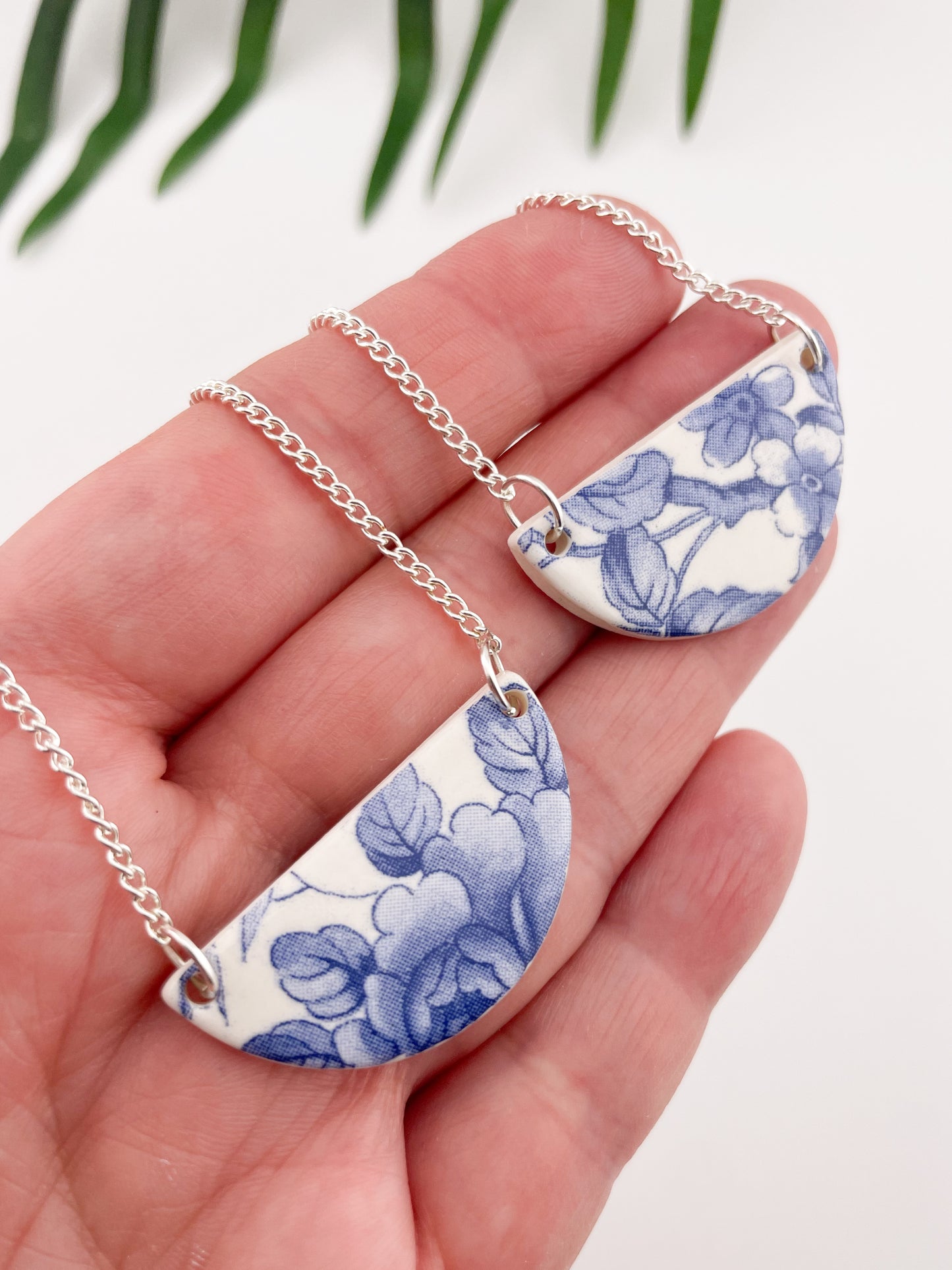 Blue China Semi Circle Pendant necklace on silver chain