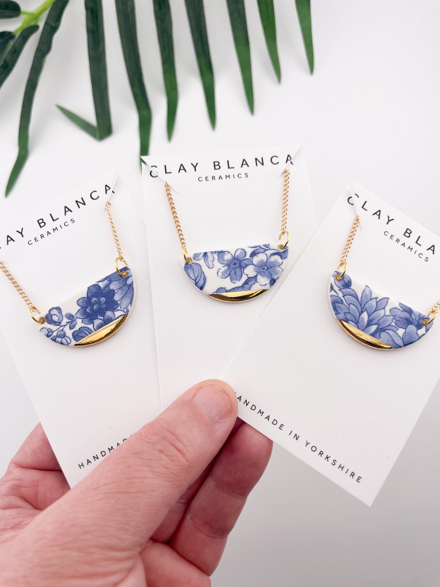 Blue China Semi Circle Pendant necklace with gold tip