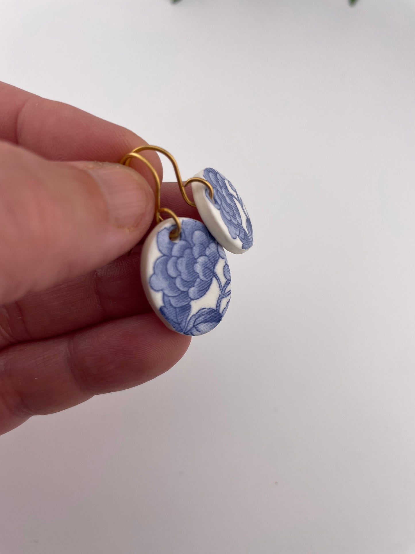 Blue China Oval Dangle earrings on gold wire