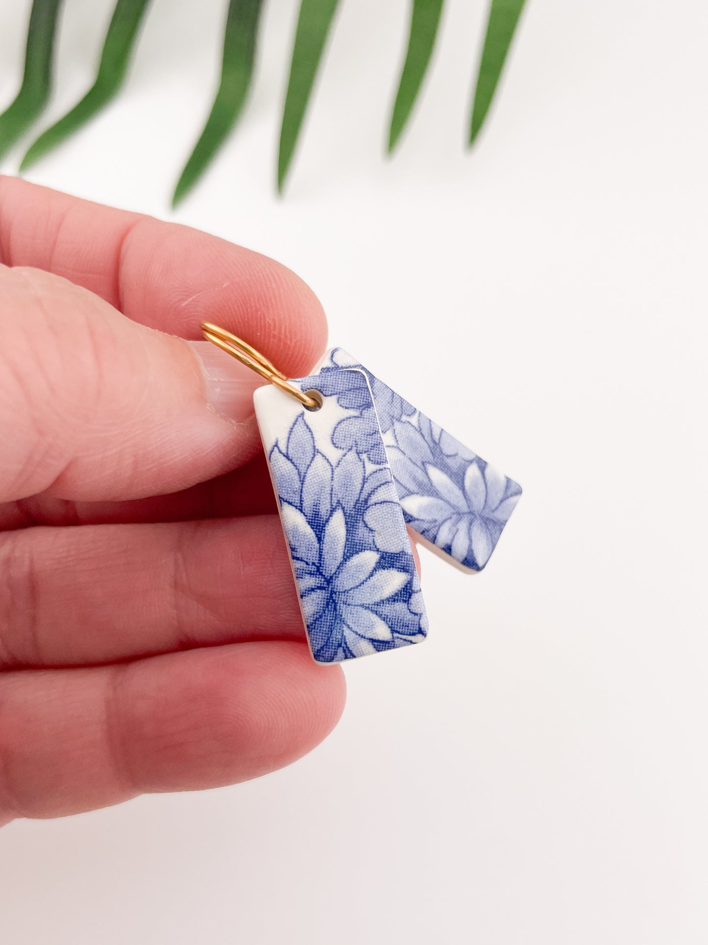 Blue China Wide Rectangle Dangle earrings on gold wire