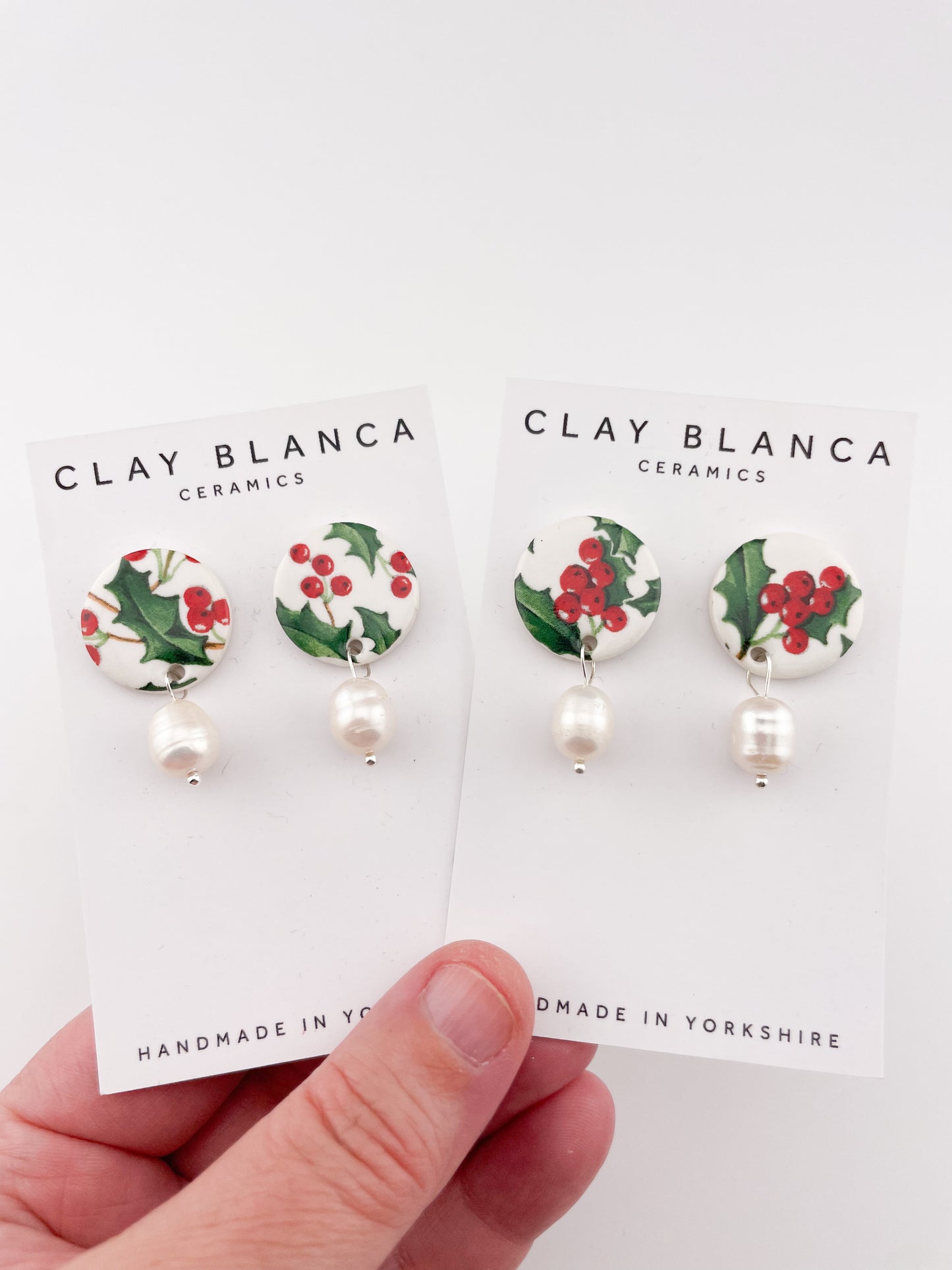 Large Holly with Berries studs with pearl drops