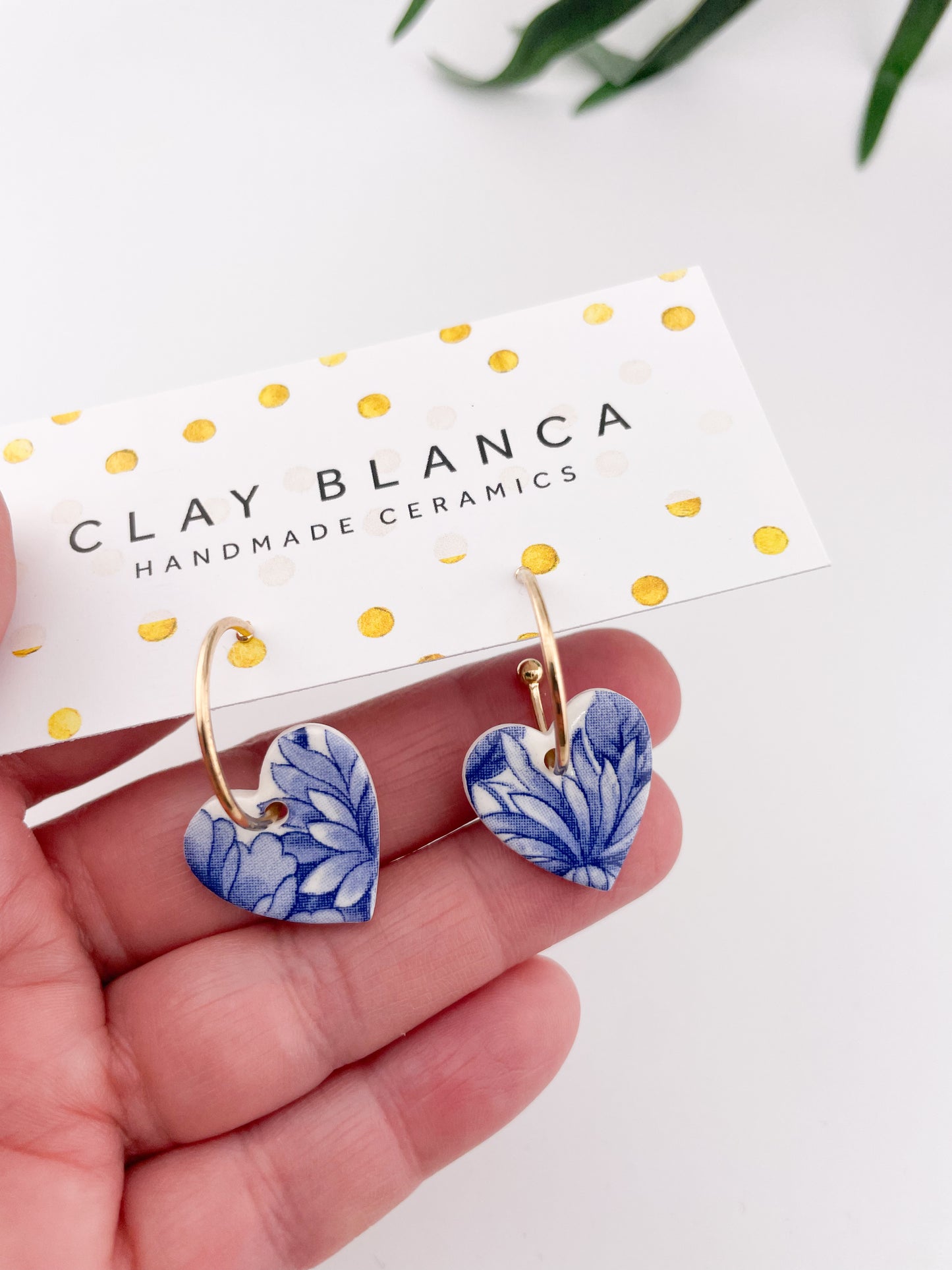 Blue China Medium Heart (middle) Gold Hoop earrings