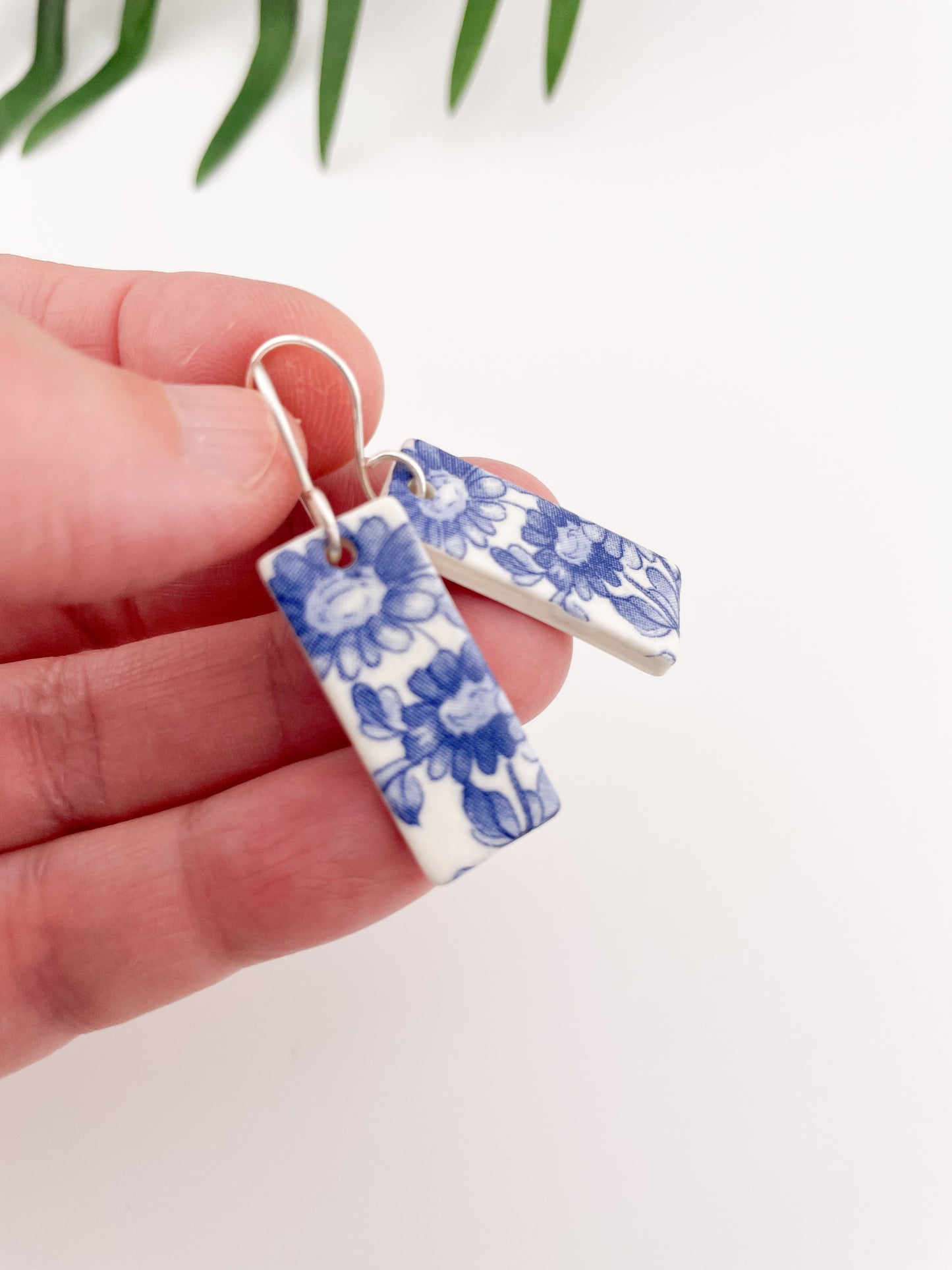 Blue China Wide Rectangle Dangle earrings on silver wire