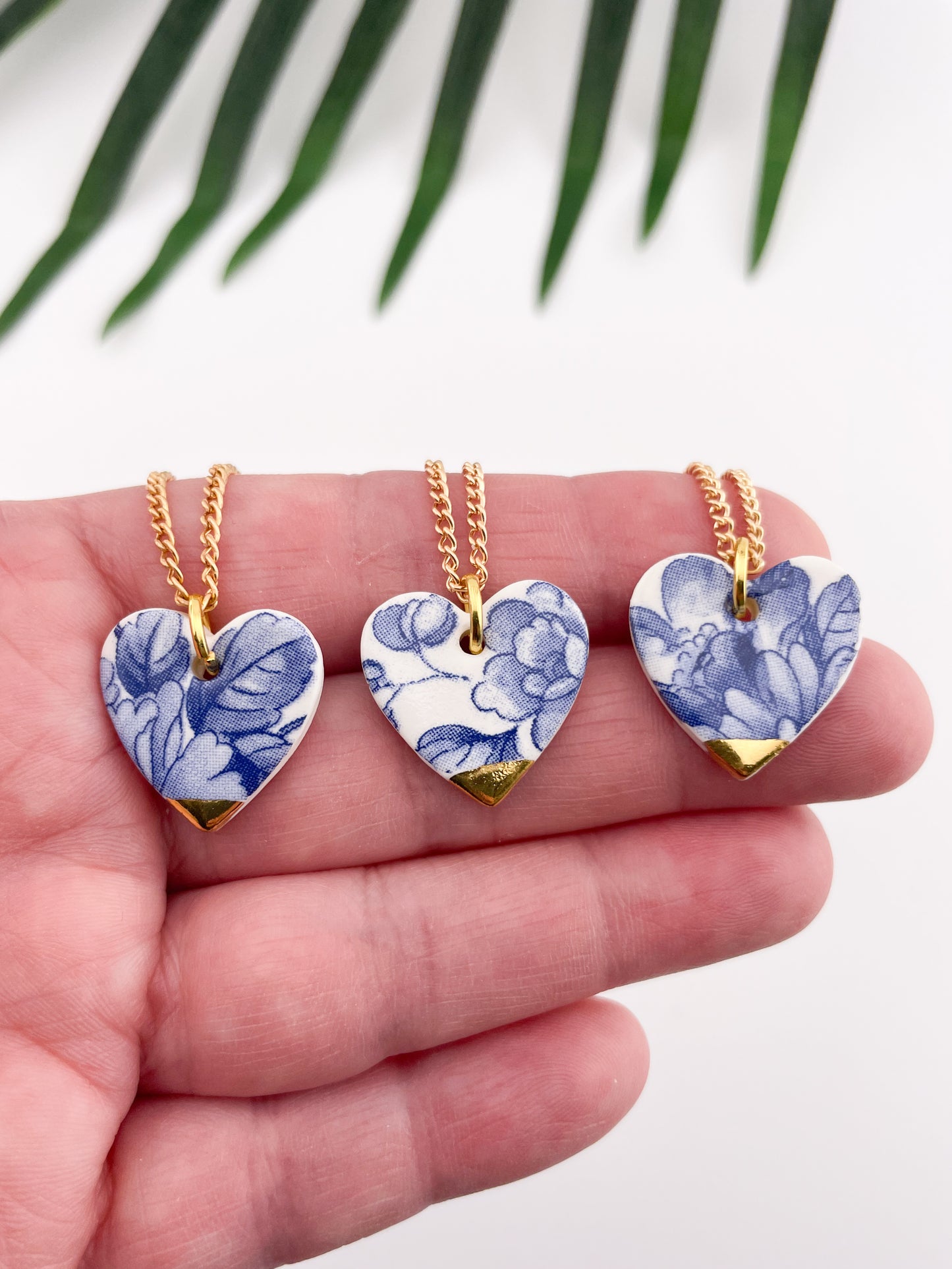 Large Blue China heart (middle) necklace with gold tip