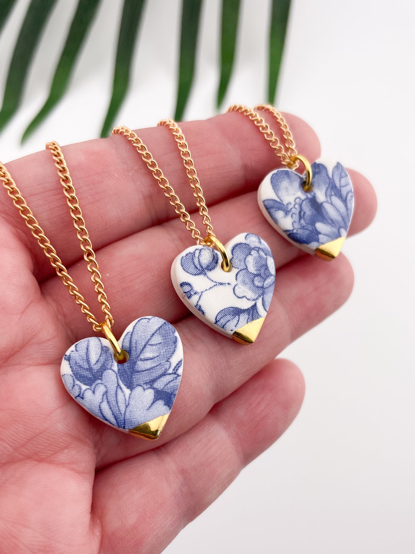 Large Blue China heart (middle) necklace with gold tip