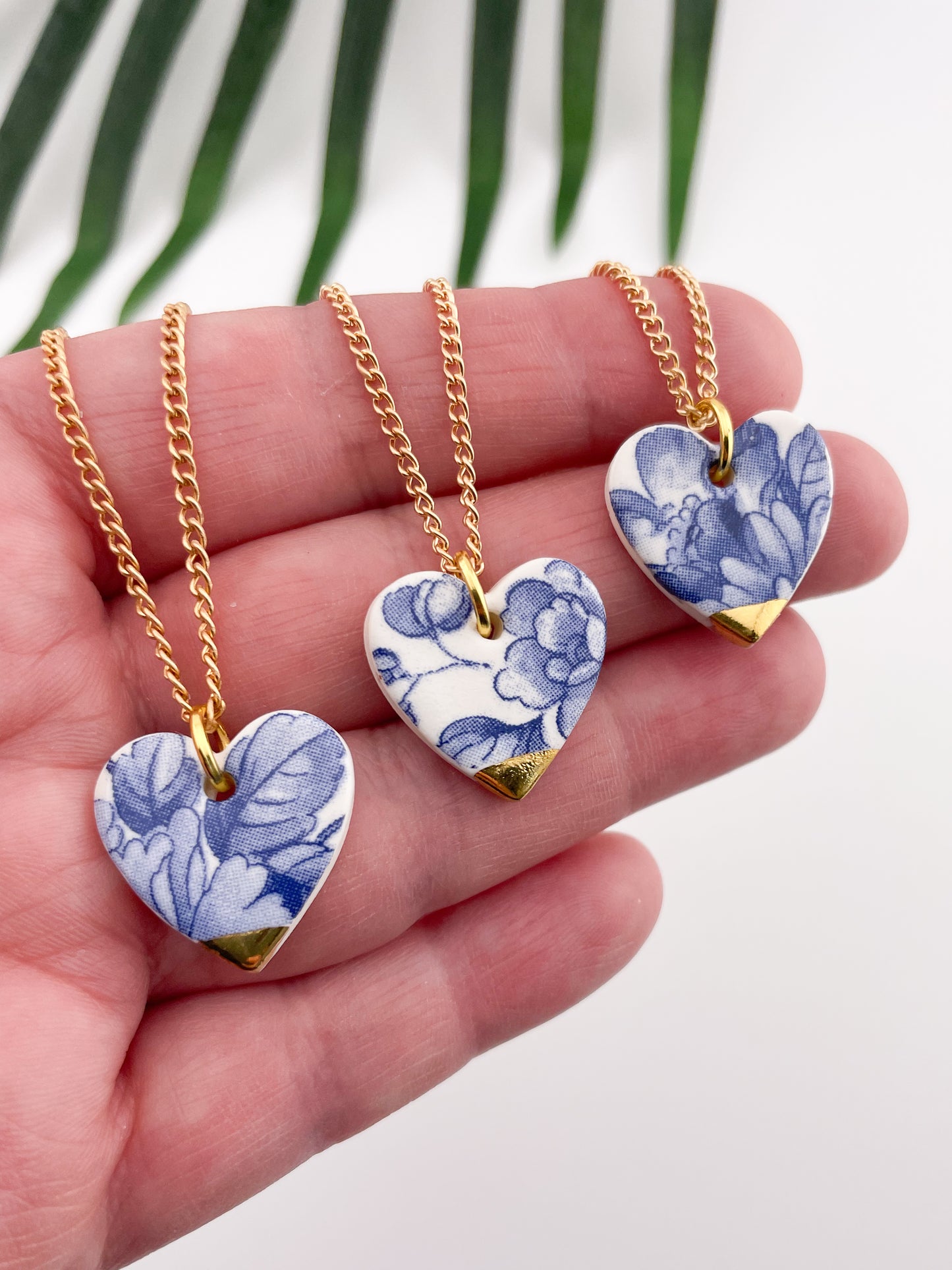 Large Blue China heart (middle) necklace with gold tip