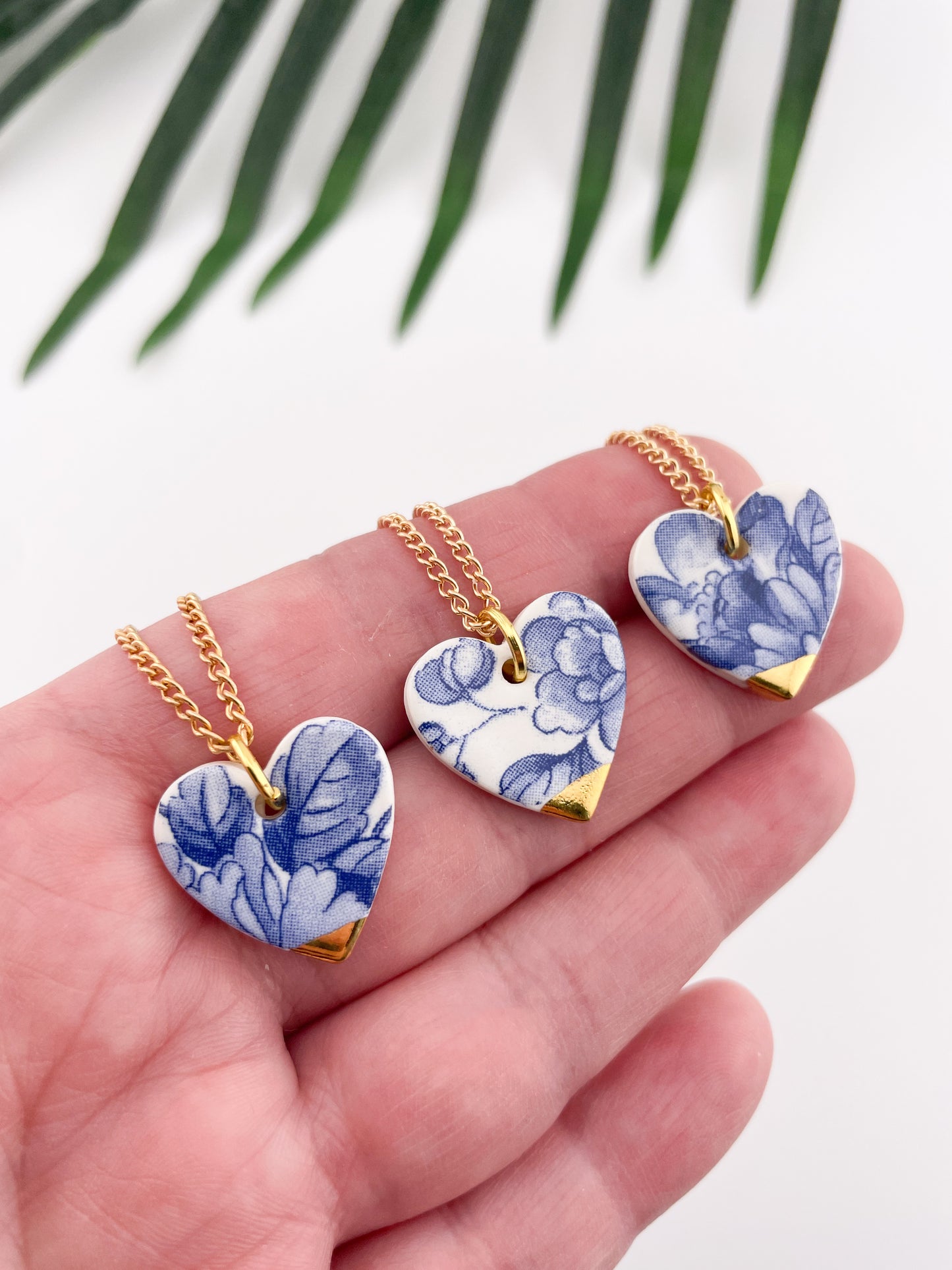 Large Blue China heart (middle) necklace with gold tip