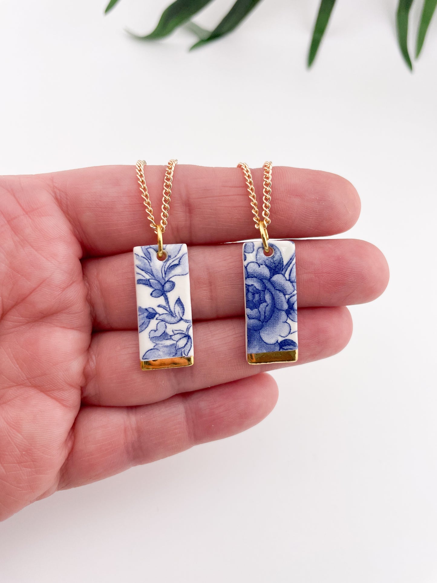 Blue China Wide Rectangle Pendant necklace with gold tip