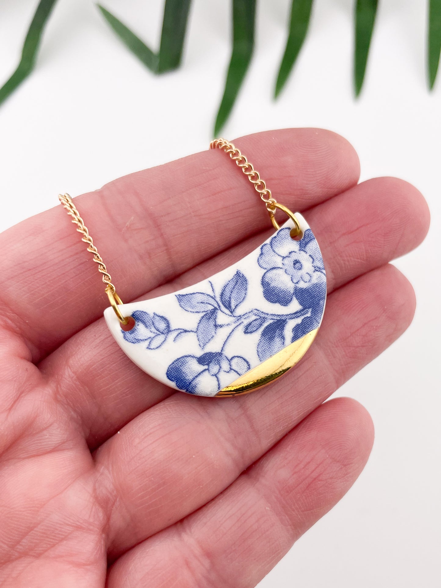 Blue China Moon Pendant necklace with gold tip