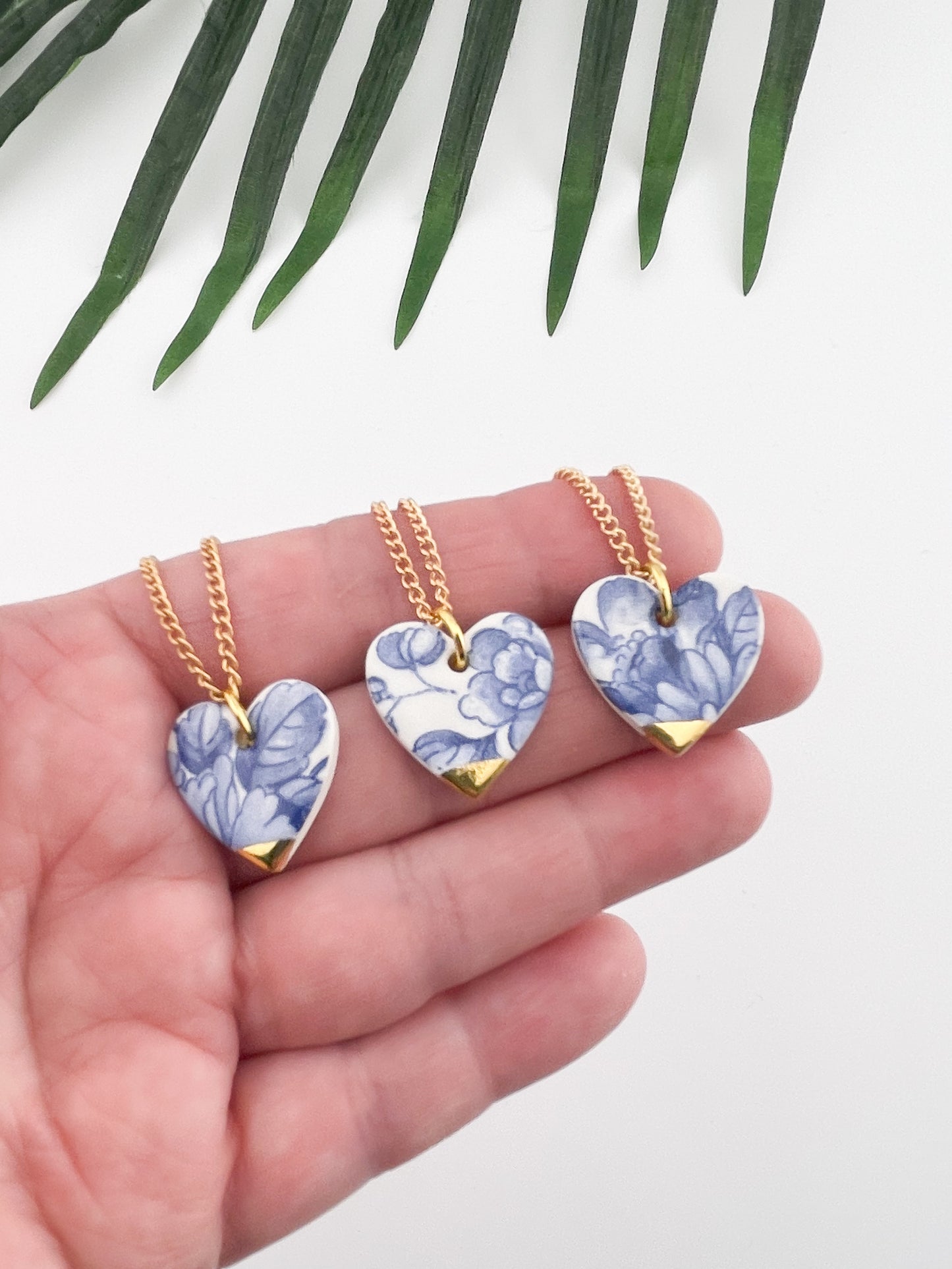 Large Blue China heart (middle) necklace with gold tip