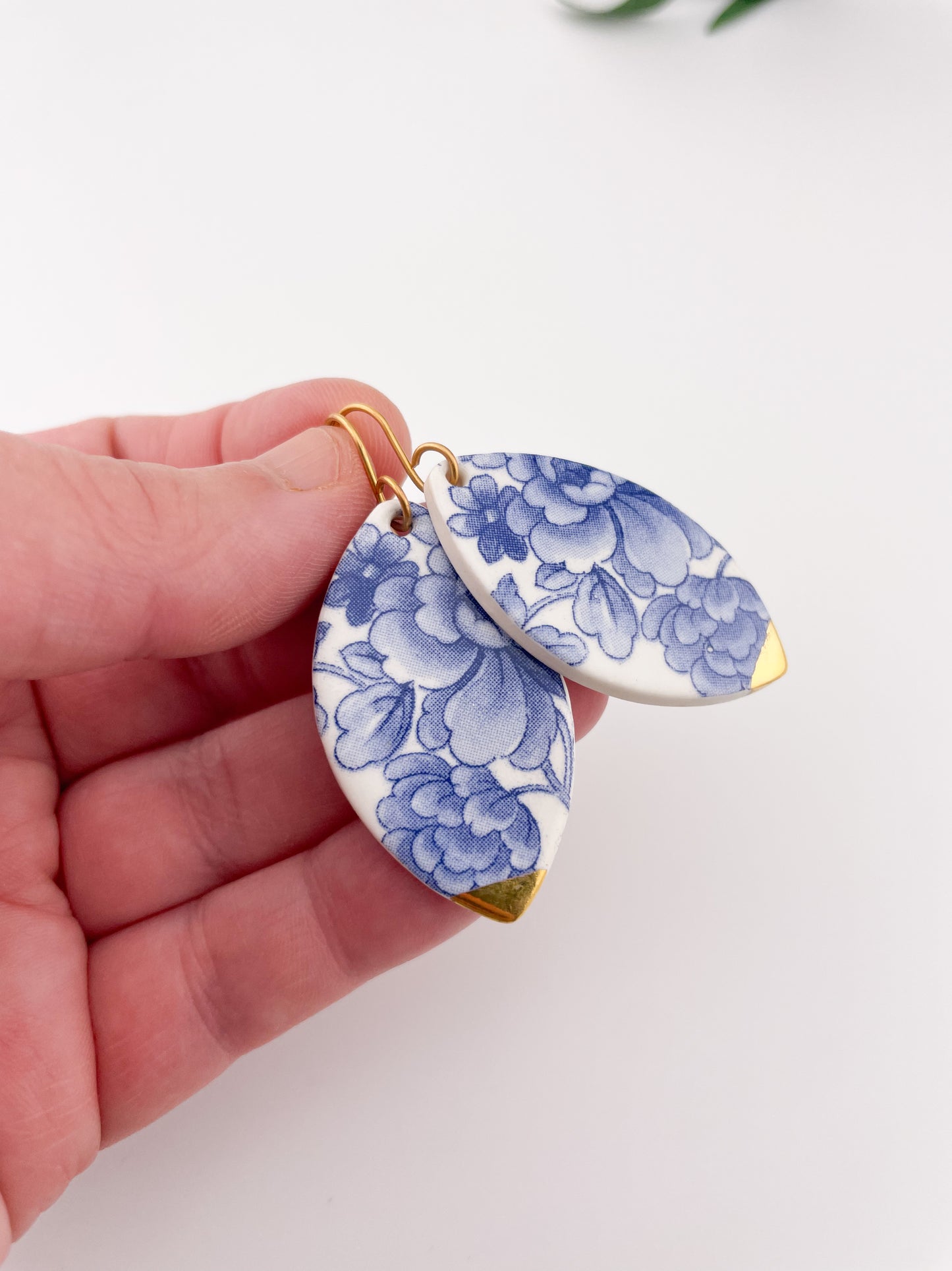 Blue China Oval Leaf Dangle earrings with gold tips
