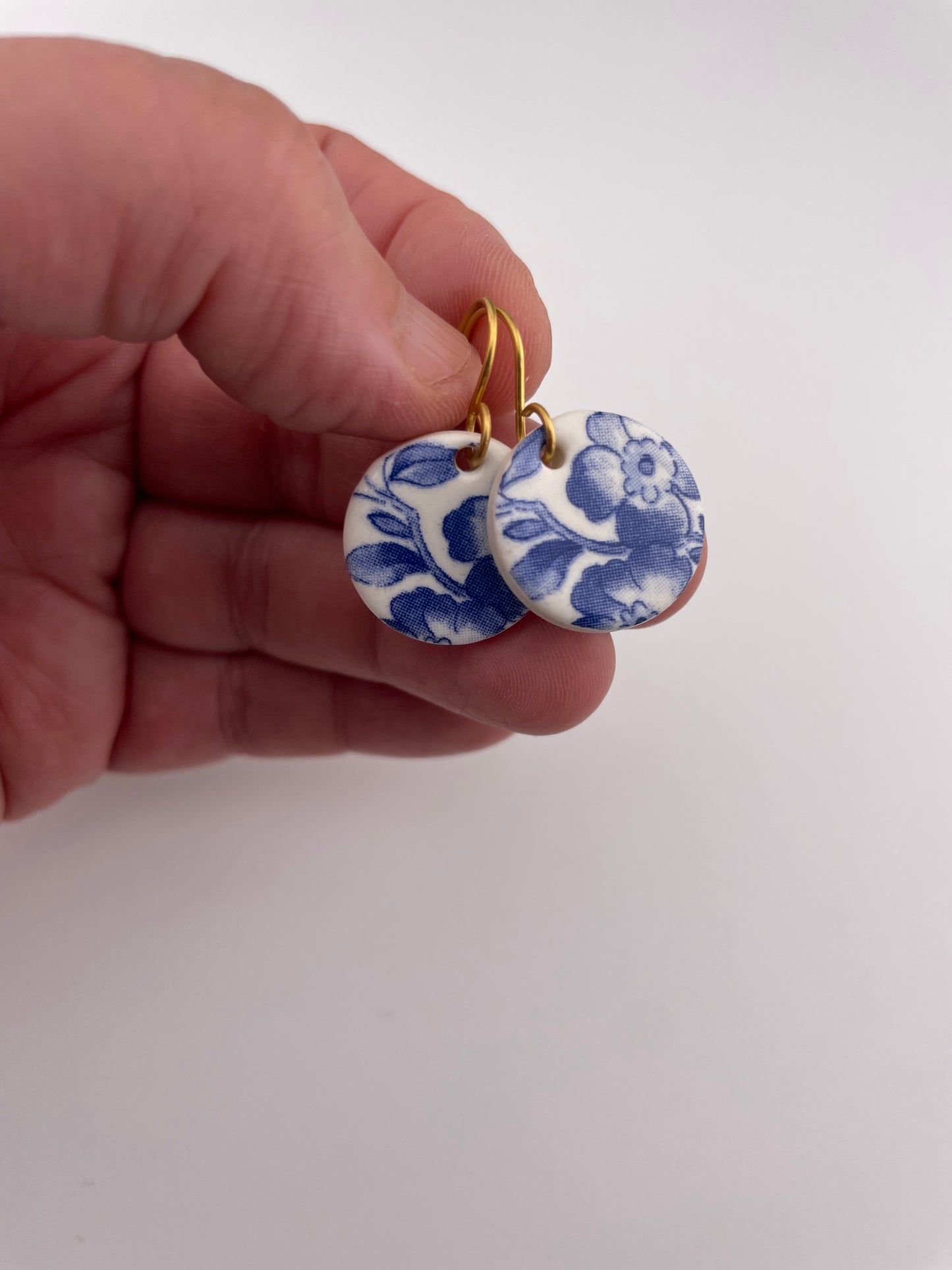 Blue China Small Round Dangle earrings on gold wire