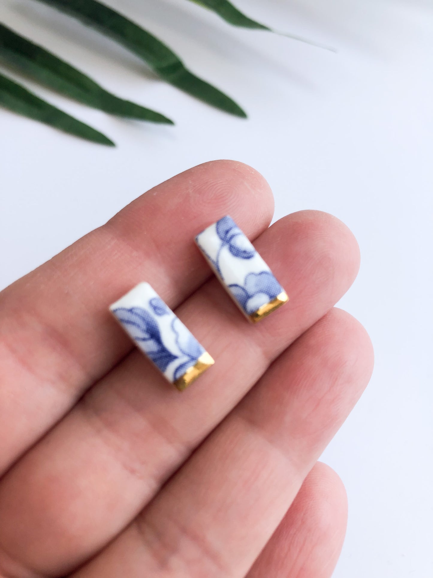 Vintage Blue China Set - Stud and Dangle earrings with gold tips