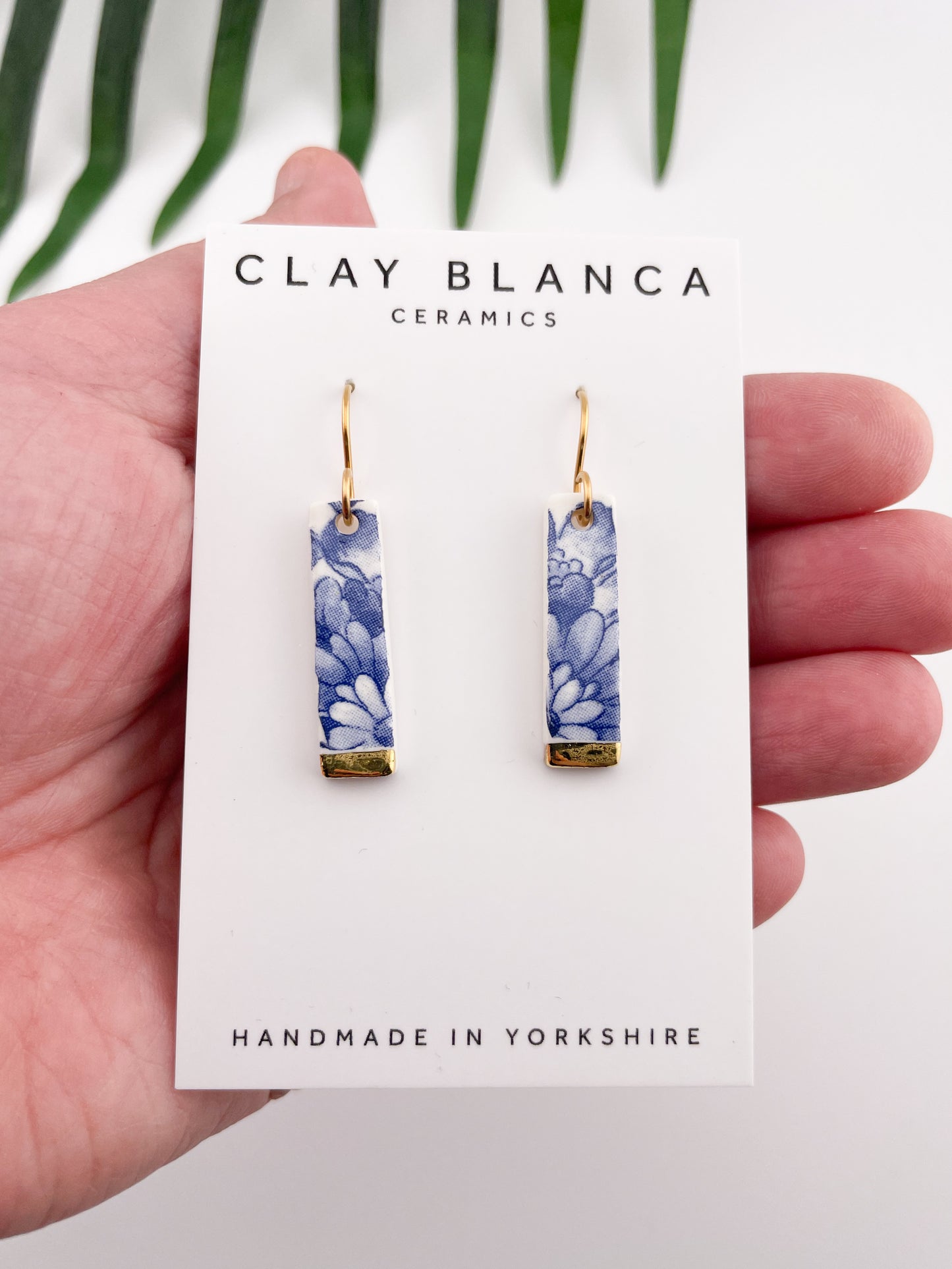 Blue China Slim Rectangle Dangle earrings with gold tips