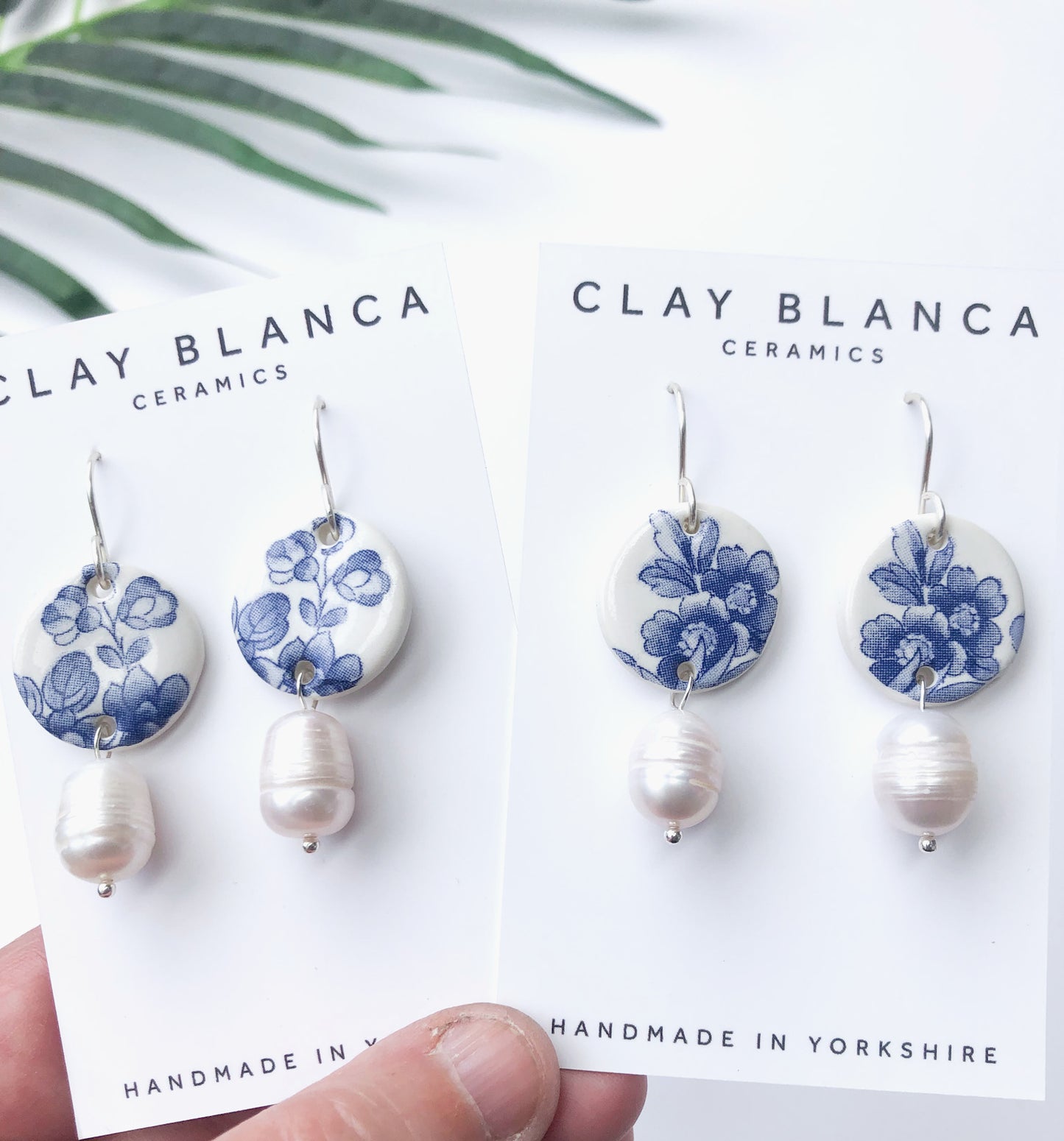 Vintage Blue China Set - stud and dangle earrings with pearl drops