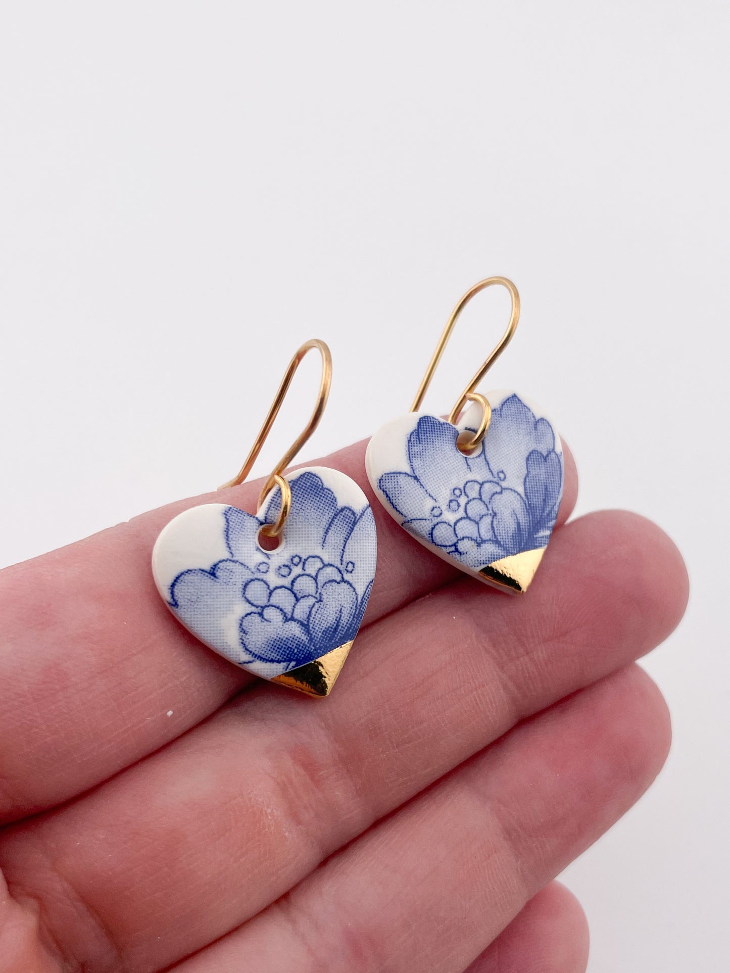 Blue China Medium Heart Dangles (middle) with gold tips