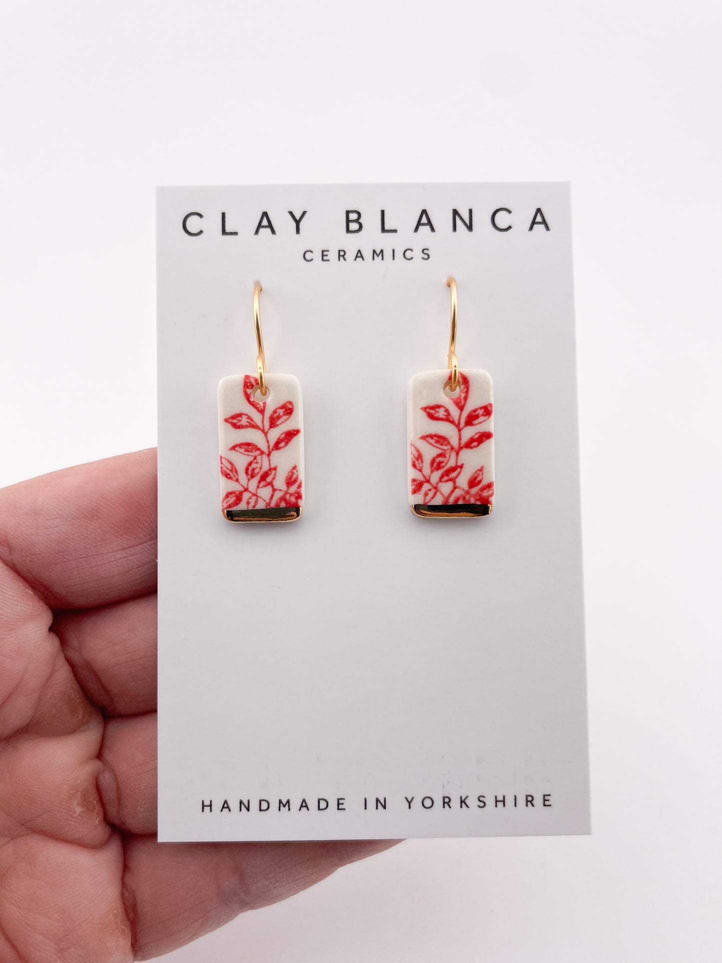 Candy Red China Short Rectangle Dangle earrings with gold tips