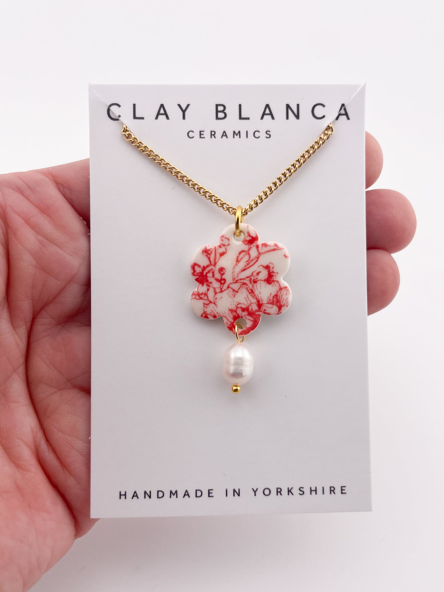 Candy Red China Flower Dangle earrings with pearl drop