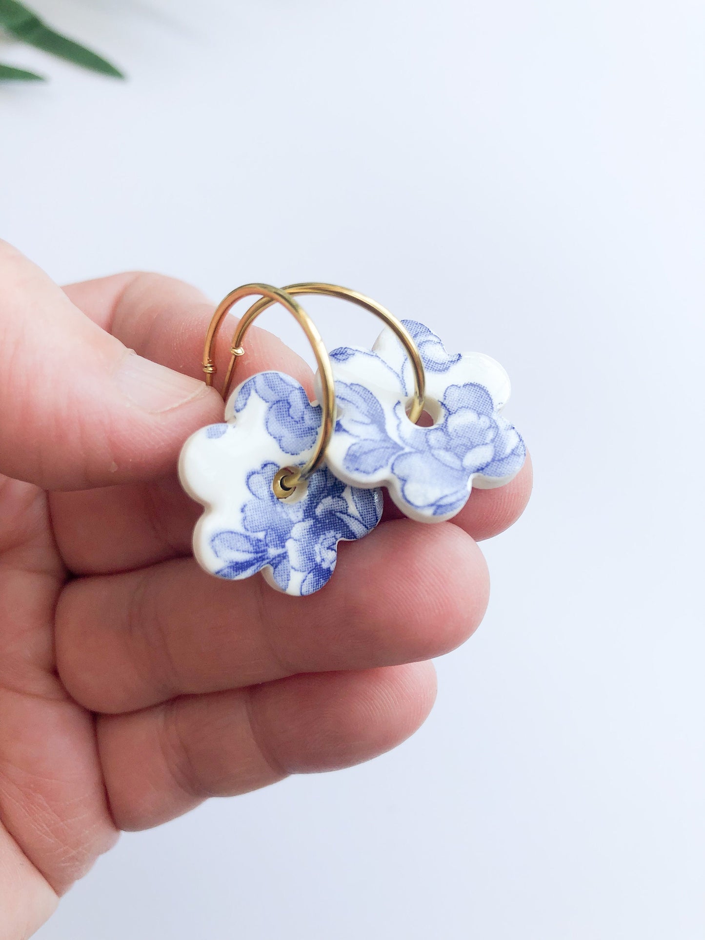 Blue China Flower (centre) Gold Hoop earrings