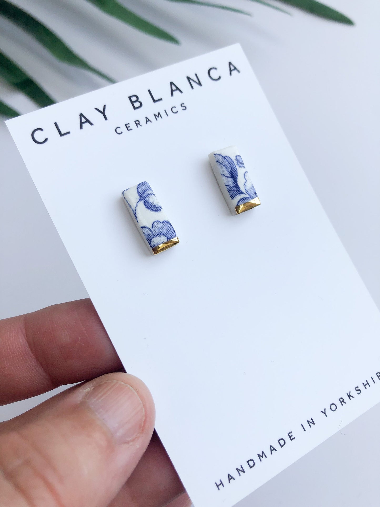 Blue China Stick Rectangle Studs with gold tips
