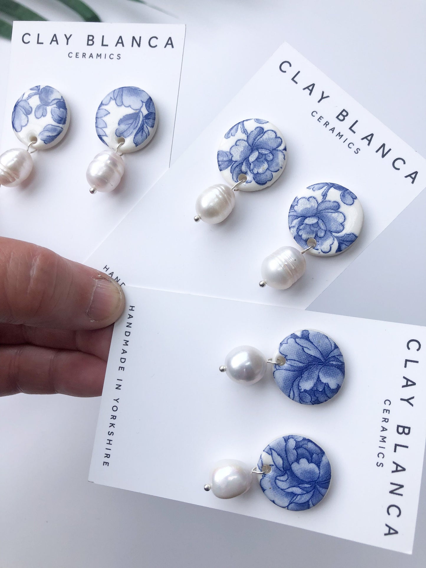 Blue China Large Round Stud earrings with pearl drop (Options)
