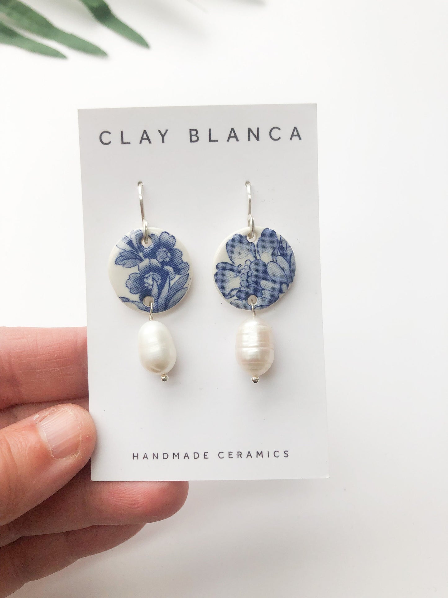 Blue China Large Round Dangle earrings w pearl on silver