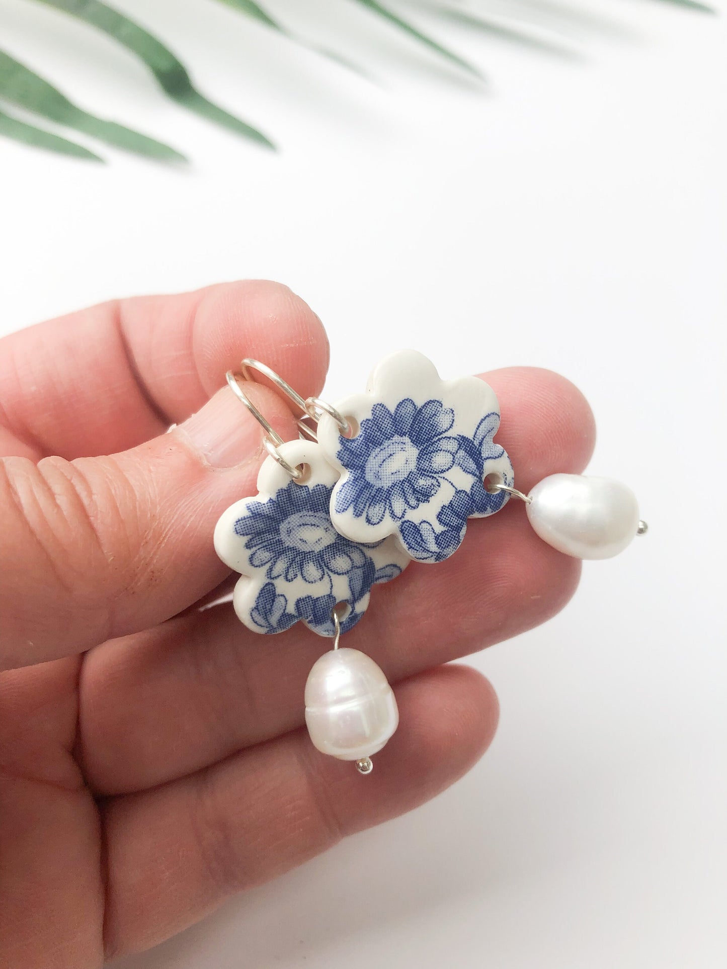 Blue China Flower Dangle earrings with pearl drop on silver wire