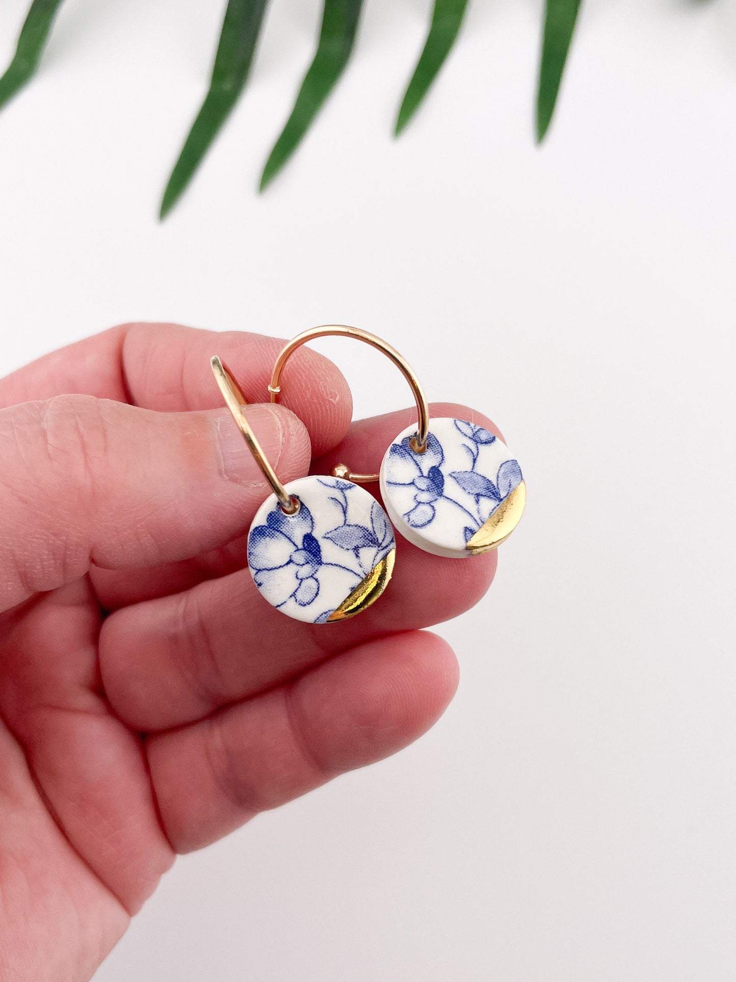 Blue China Medium Round Hoop earring with gold tips