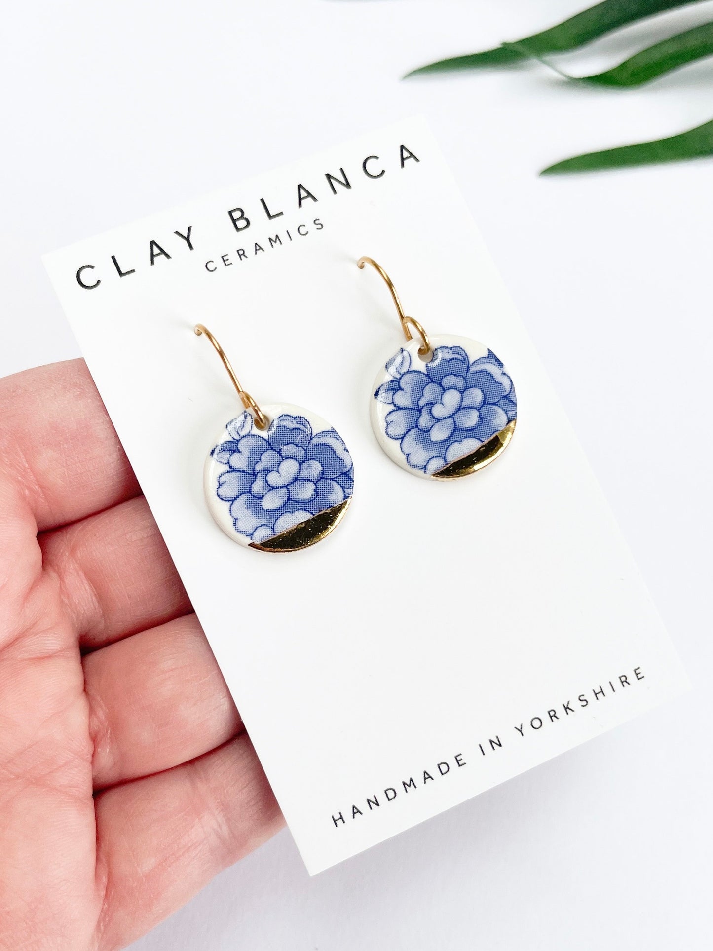 Blue China Large Round Dangle earrings with gold tips