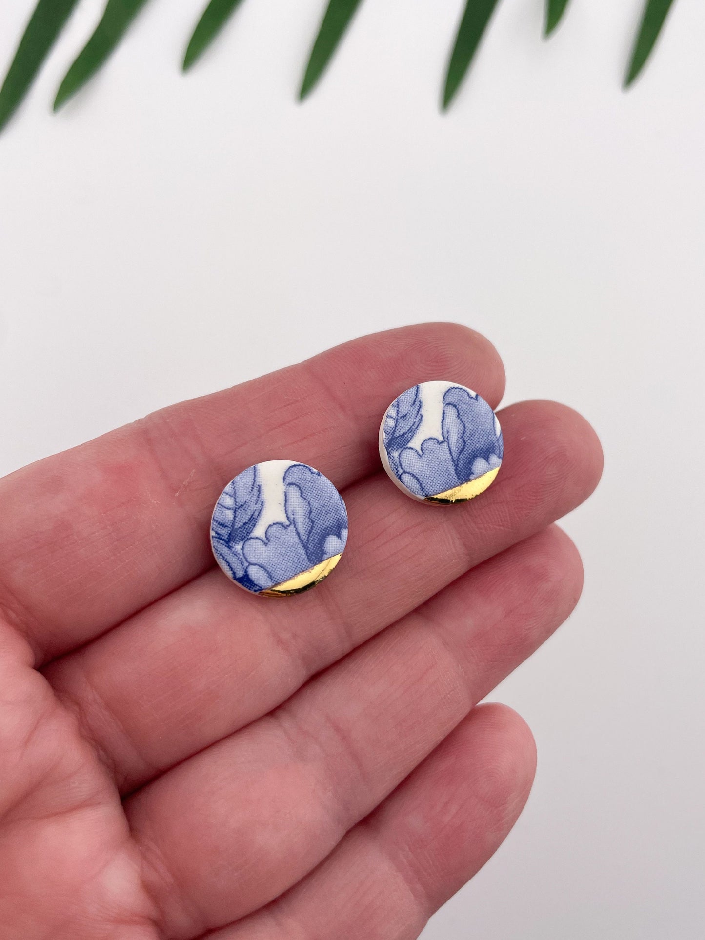 Blue China Small Round Stud earrings with gold tips