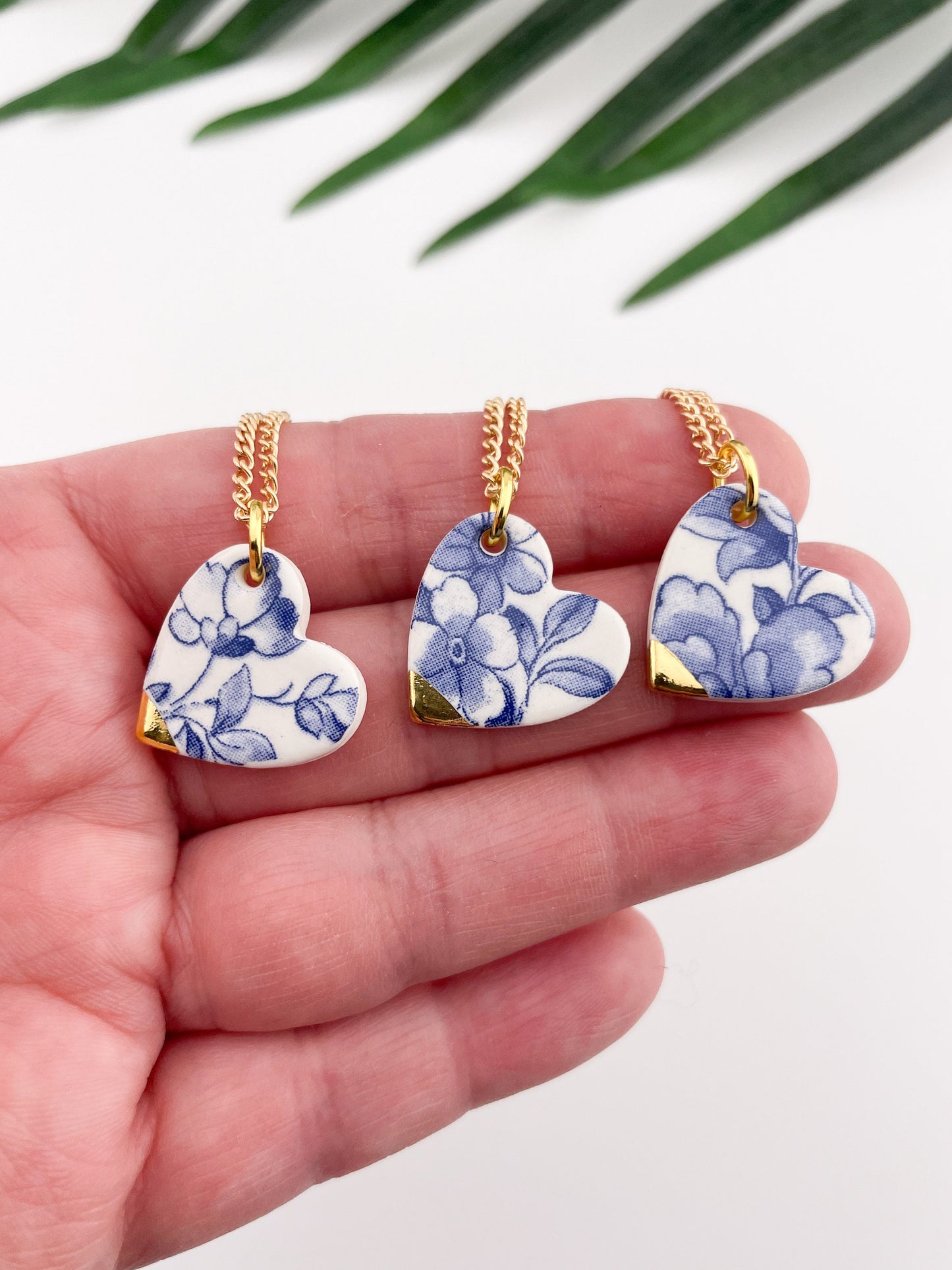 Blue China Medium Heart (side) Pendant necklace with gold tip