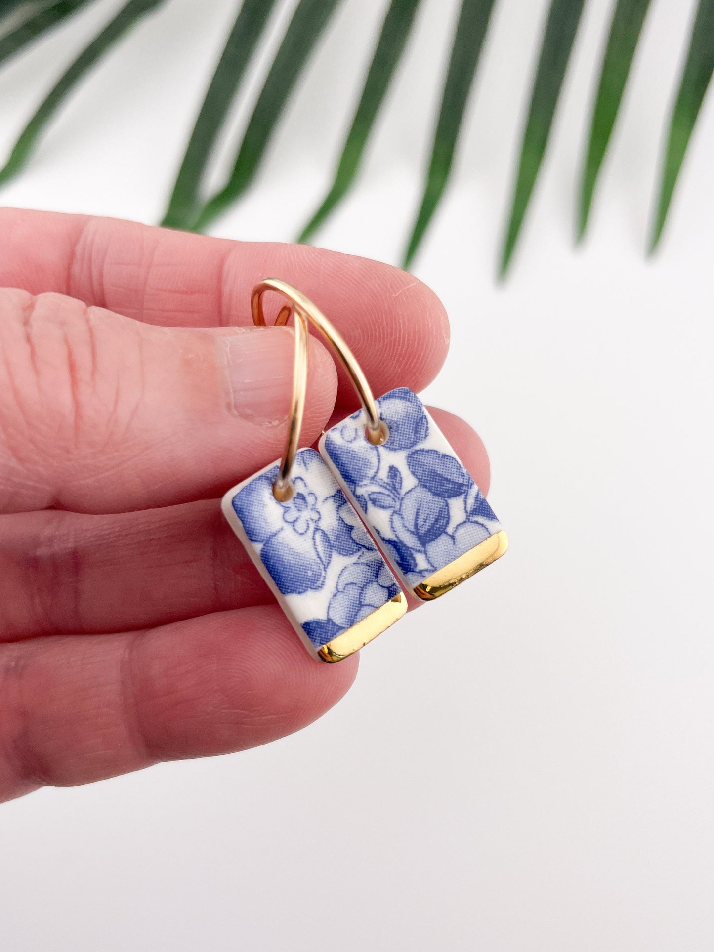 Blue China Short Rectangle Hoop earrings with gold tips