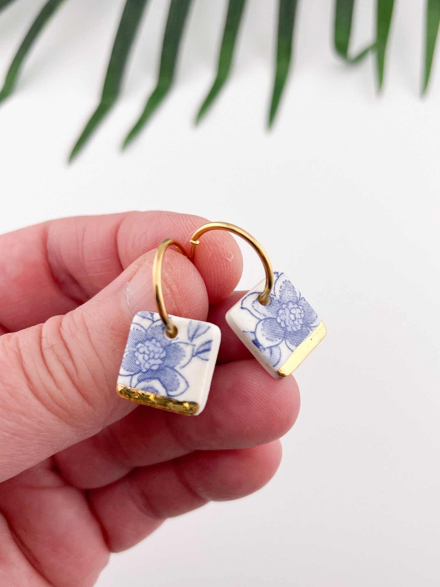 Blue China Small Square Hoop earrings with gold tip
