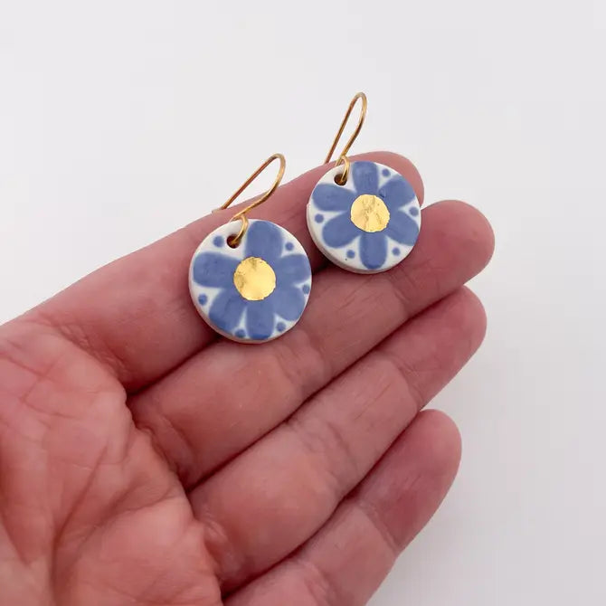 Hand Painted Sky Blue Flower Dangle earrings with gold centre