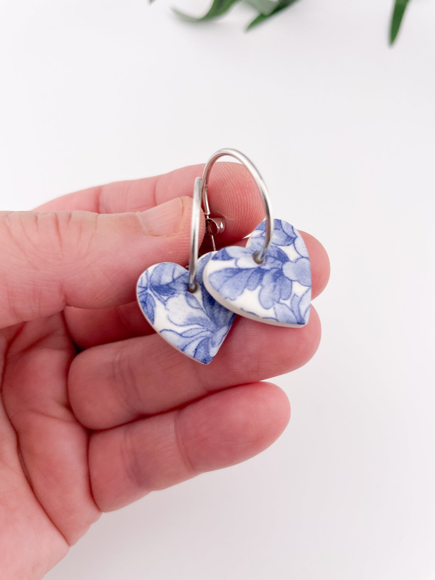 Large Blue China heart on silver plated hoops
