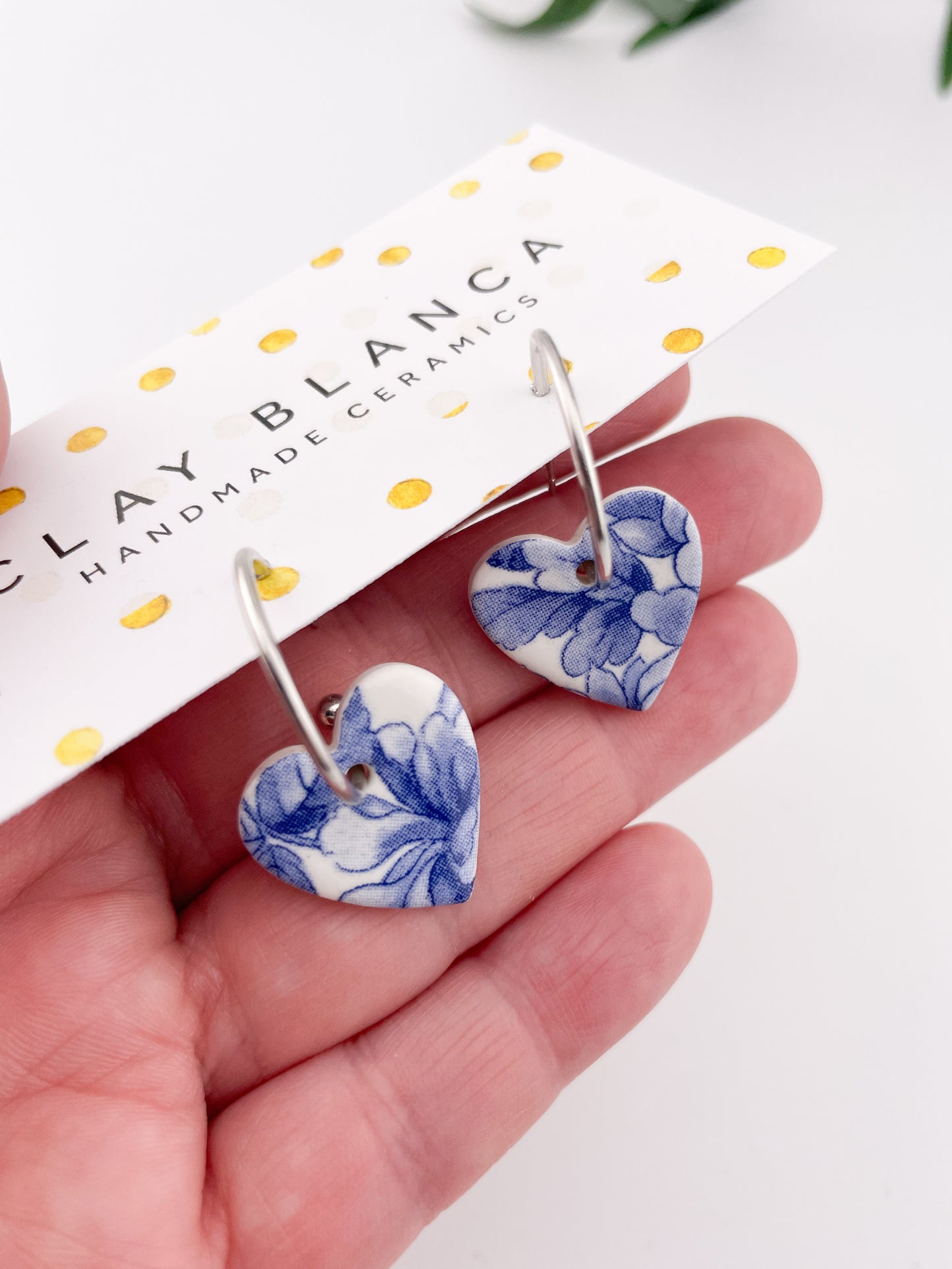 Large Blue China heart on silver plated hoops