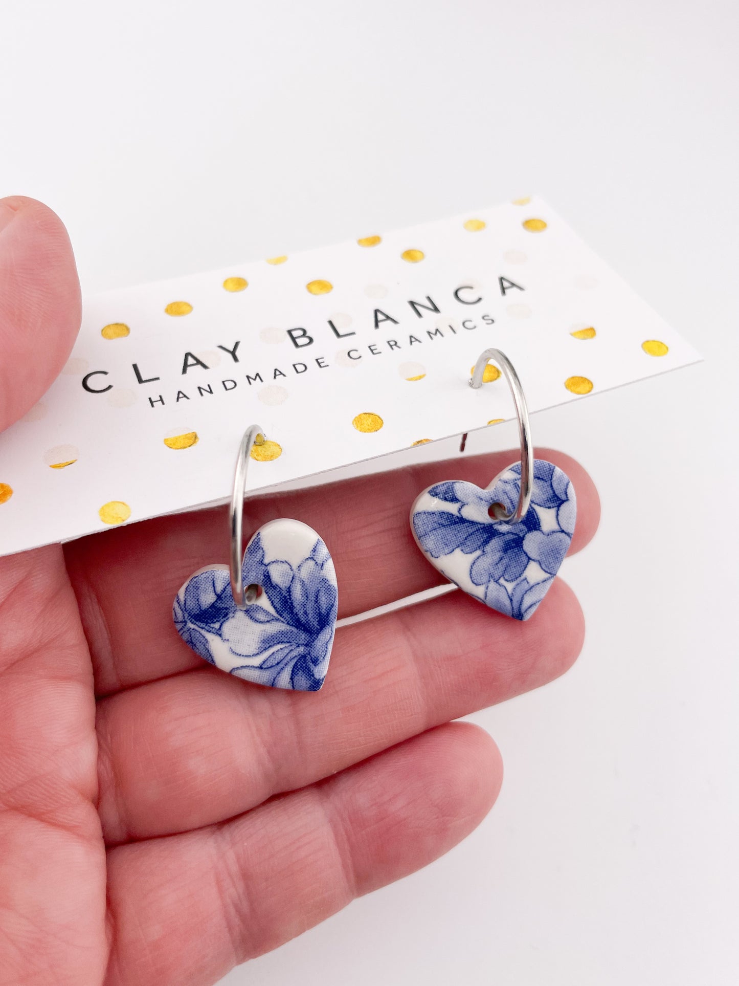 Large Blue China heart on silver plated hoops