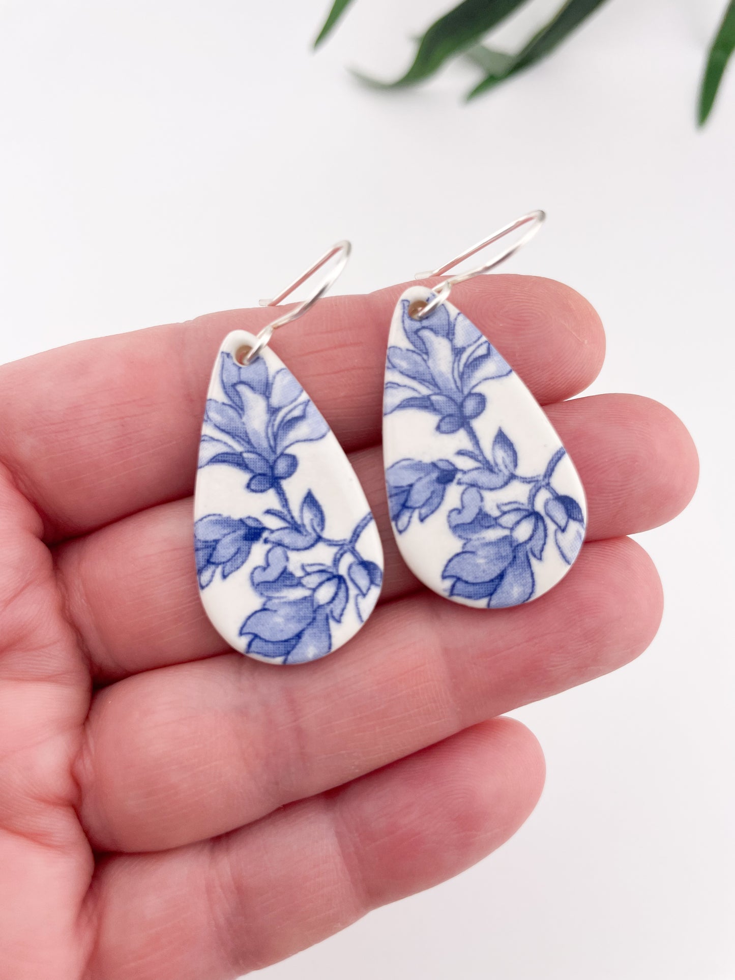 Blue China Teardrop Dangle earrings on silver wire