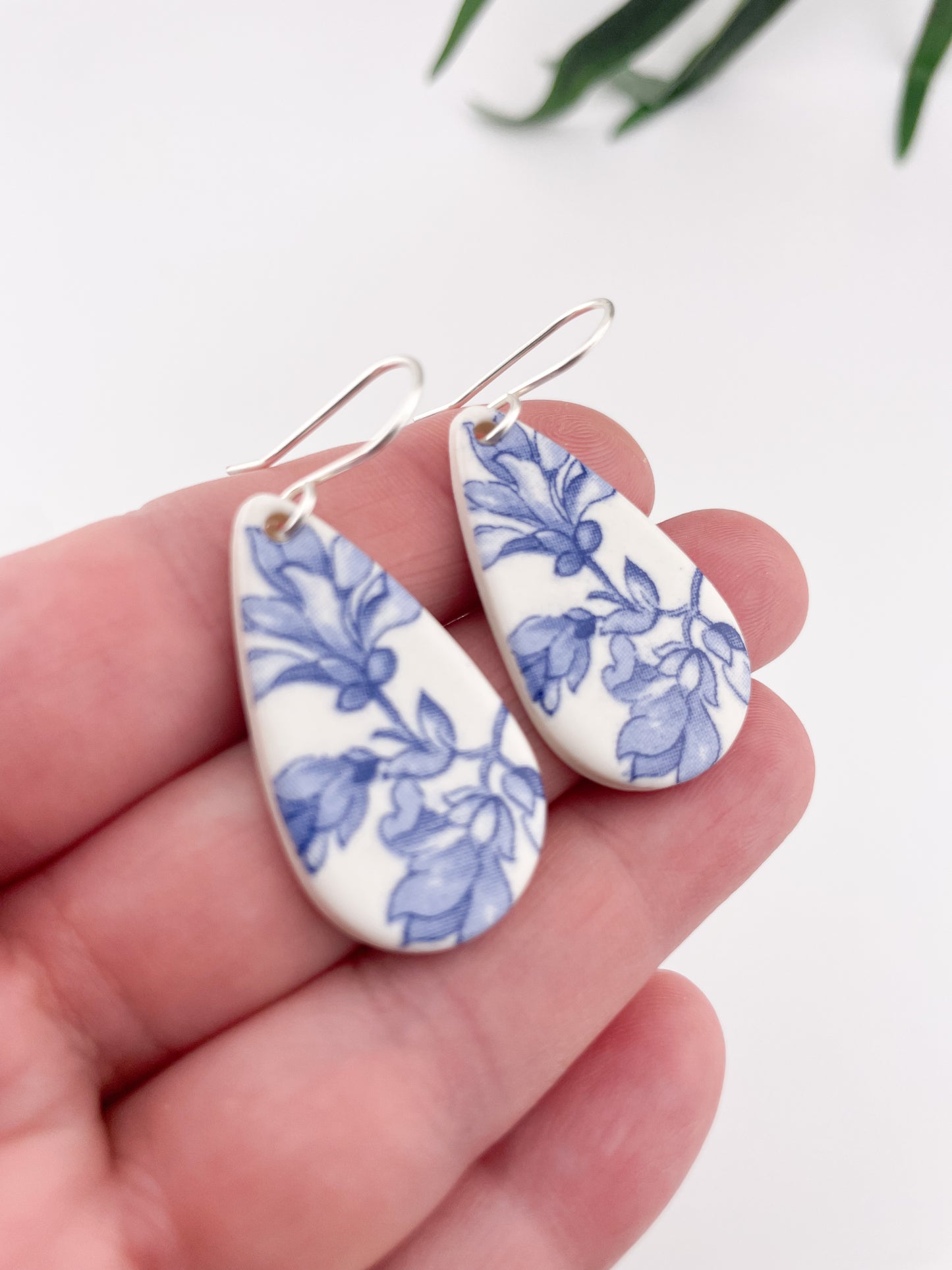 Blue China Teardrop Dangle earrings on silver wire