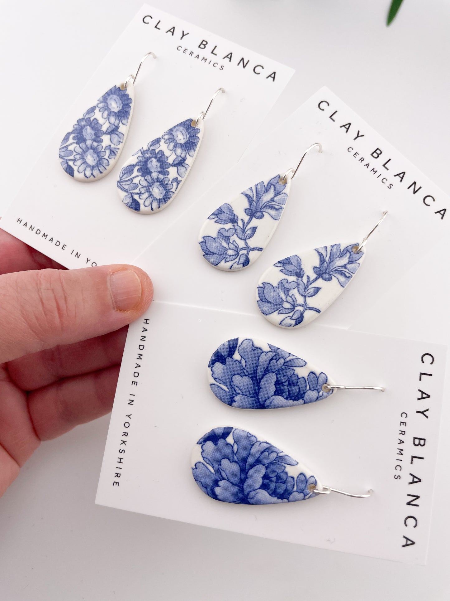 Blue China Teardrop Dangle earrings on silver wire