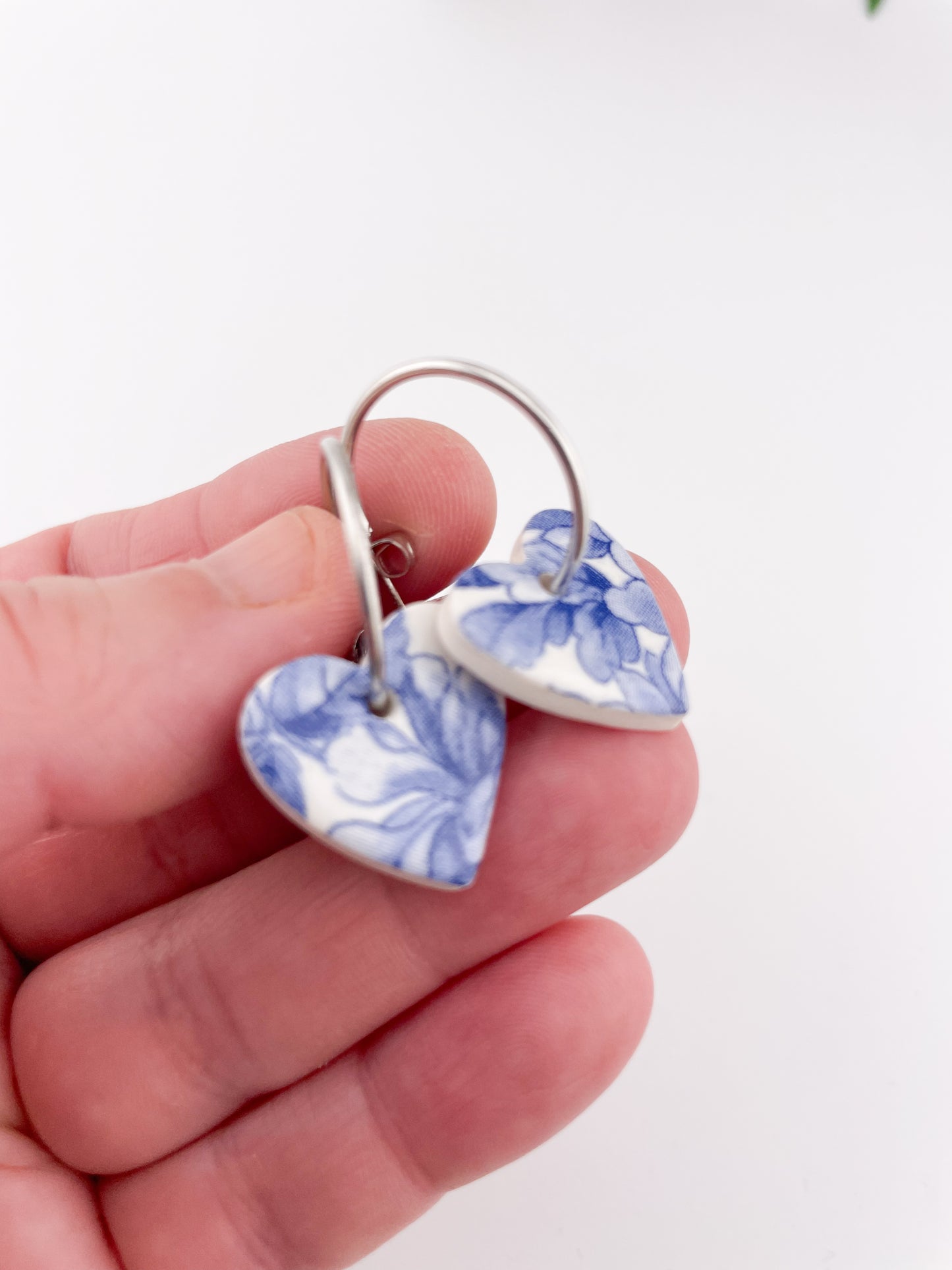 Large Blue China heart on silver plated hoops