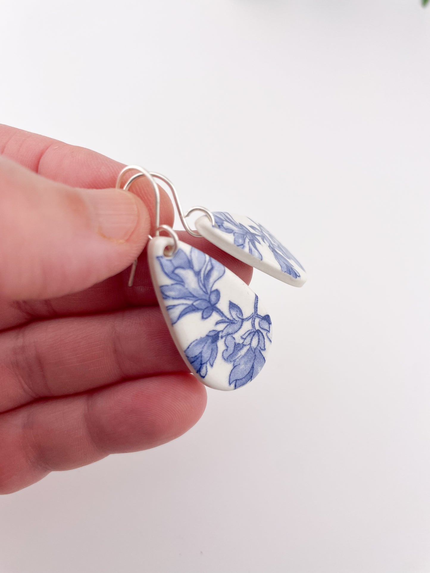 Blue China Teardrop Dangle earrings on silver wire